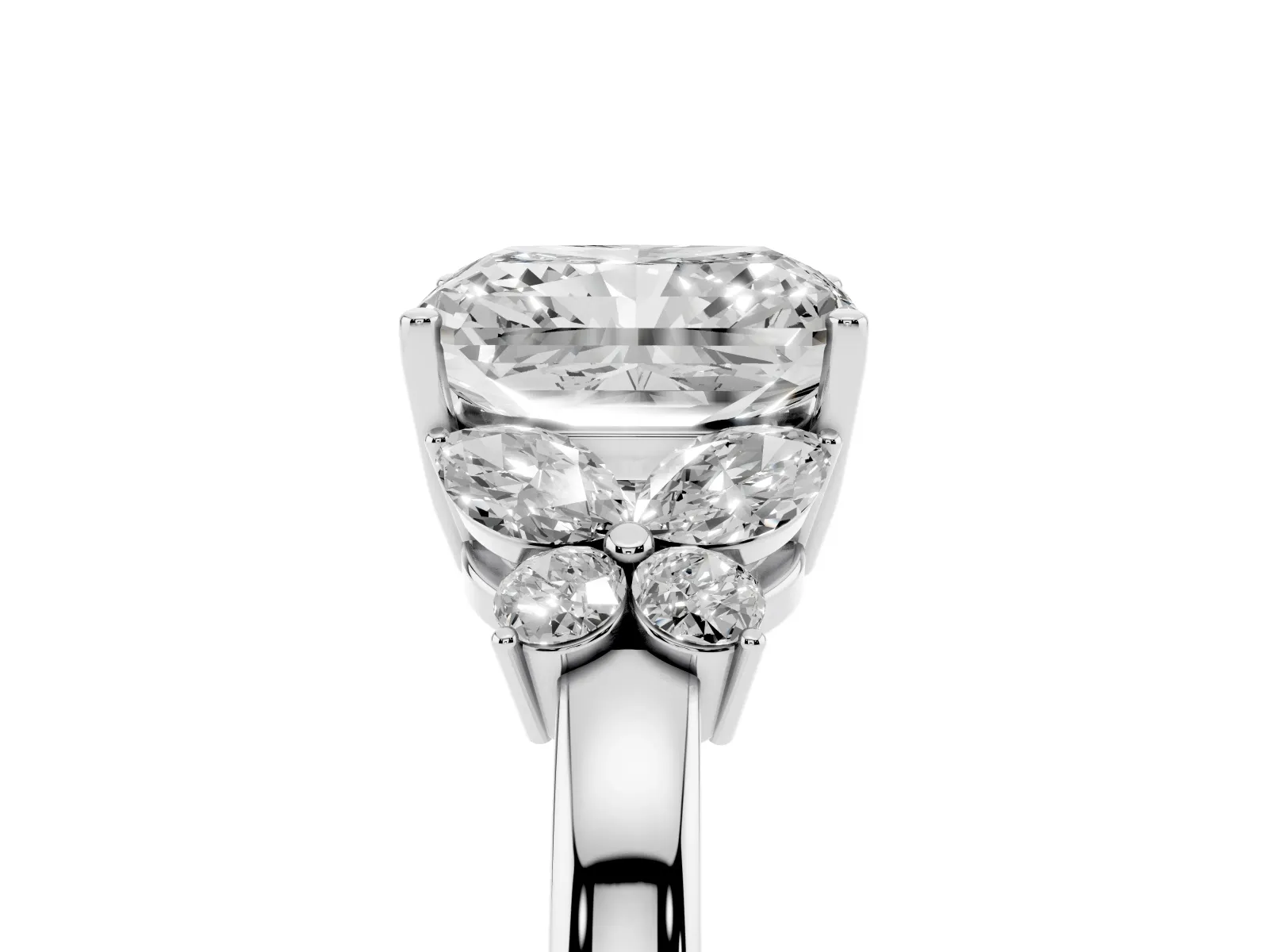 Radiant Cut Cut Solitaire Floral Diamond Ring with Four-Prong Setting Platinum