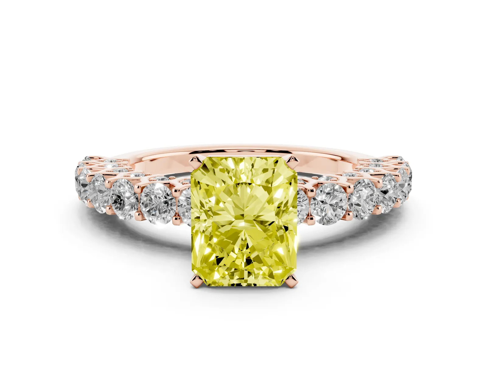 Fancy Yellow Radiant Cut Diamond Solitaire Ring with Shared Prong Pavé Band and Four-Prong Setting Rose gold