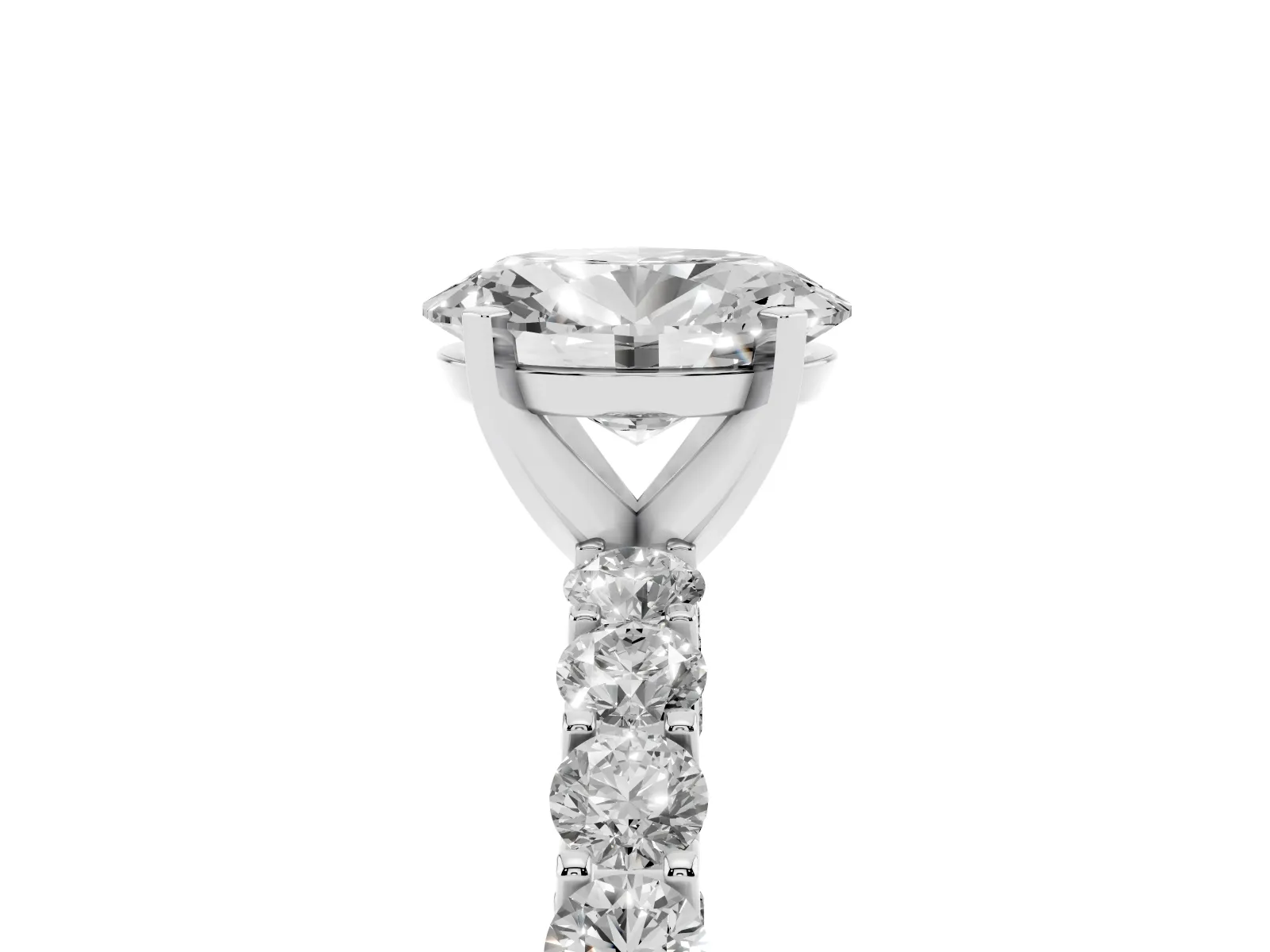 Oval Cut Diamond Solitaire Ring with Shared Prong Pavé Band and Four-Prong Setting White gold