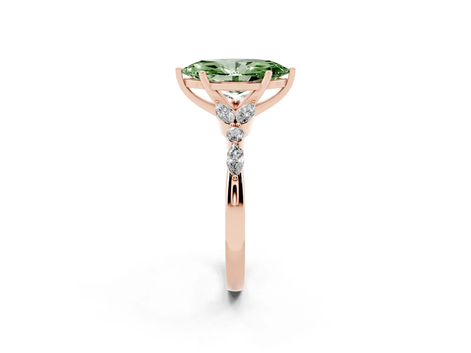 Fancy Green Marquise Cut Diamond Solitaire Ring with Side Stones and Four-Prong Setting Rose gold