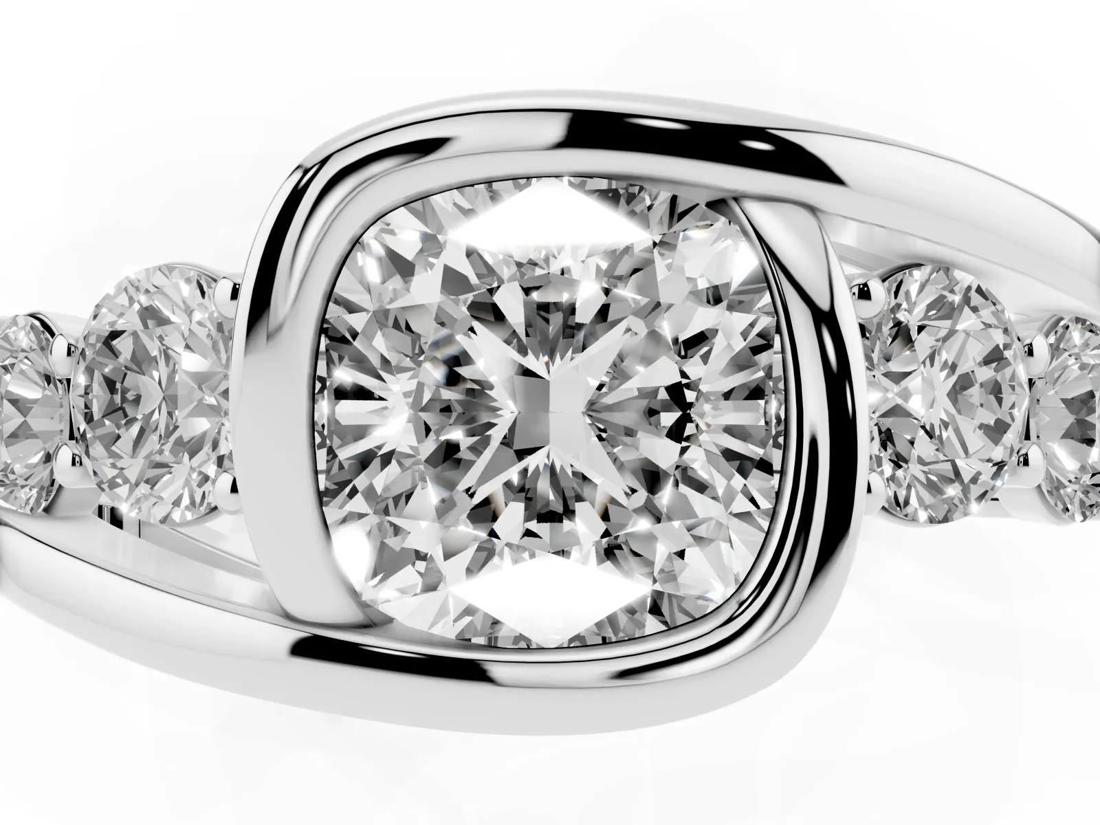 Bezel Set Cushion Cut Diamond Bypass Ring with Round Accents Platinum