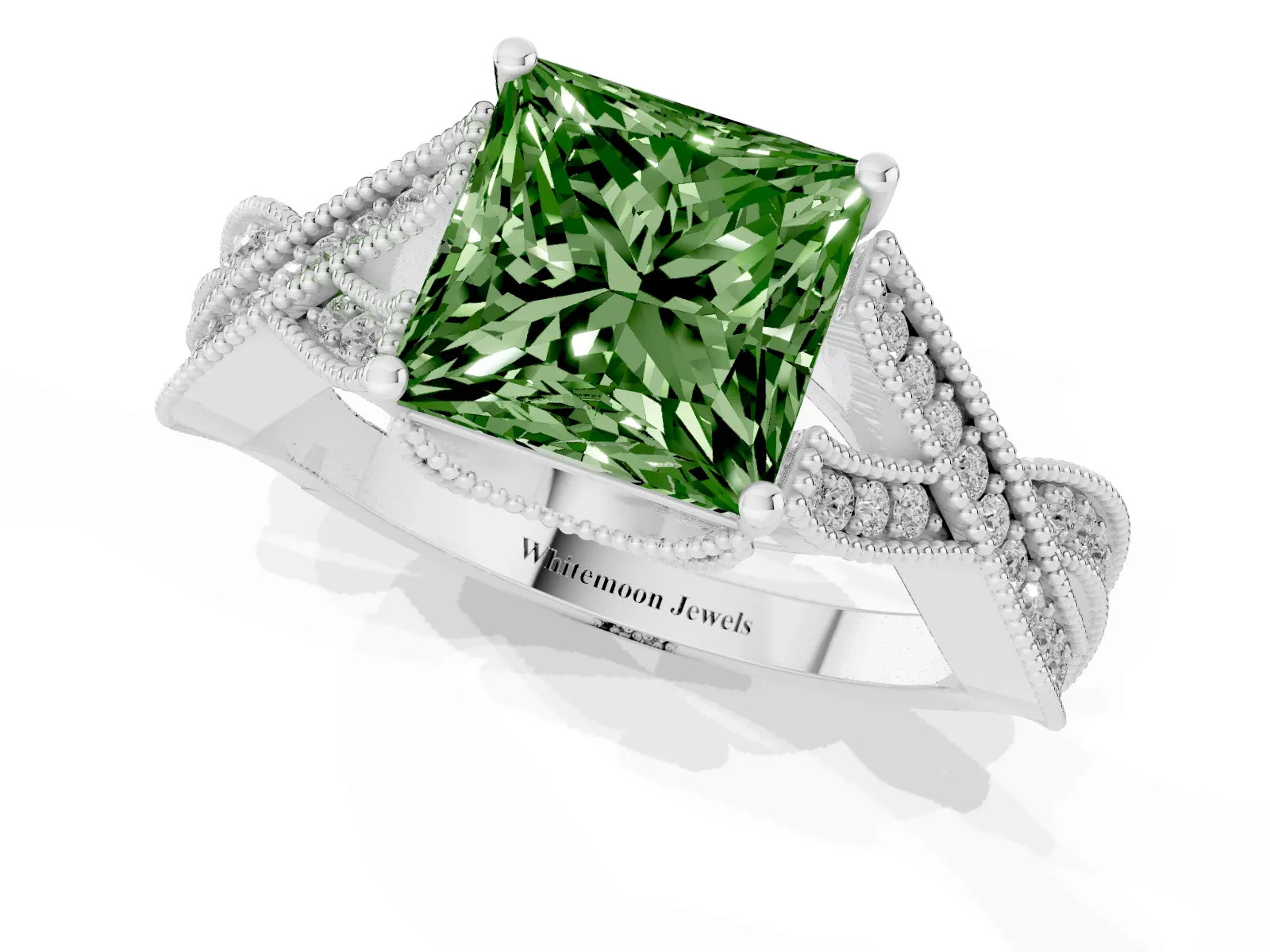 Fancy Green Princess Cut Cut Diamond Twisted Band with Milgrain Pave Setting and Four-Prong Setting Platinum