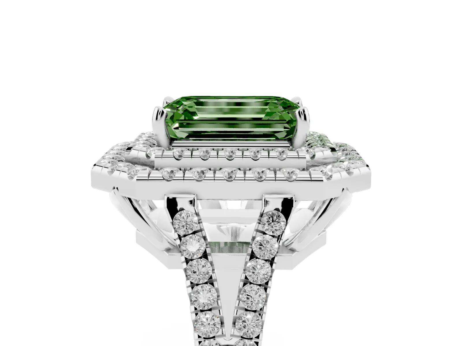 Fancy Green Emerald Cut Diamond Double Halo Ring with Pavé Band and Prong Setting Platinum