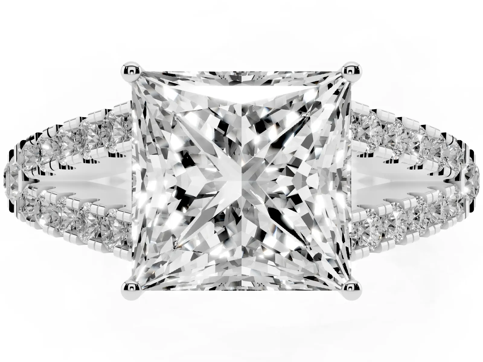 Princess Cut Diamond Split Shank Engagement Ring with Round Pavé and Prong Setting White gold