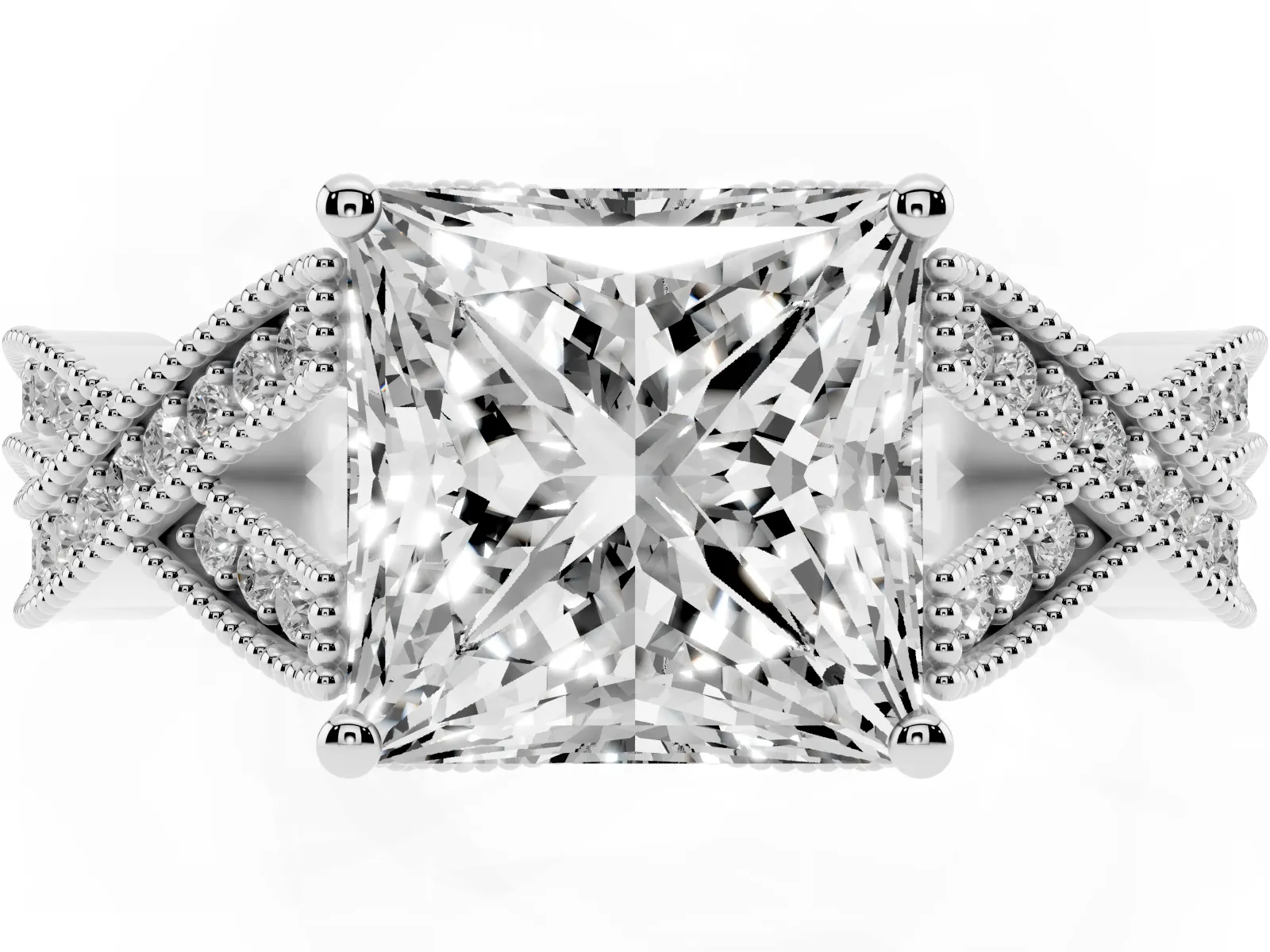 Princess Cut Cut Diamond Twisted Band with Milgrain Pave Setting and Four-Prong Setting Platinum
