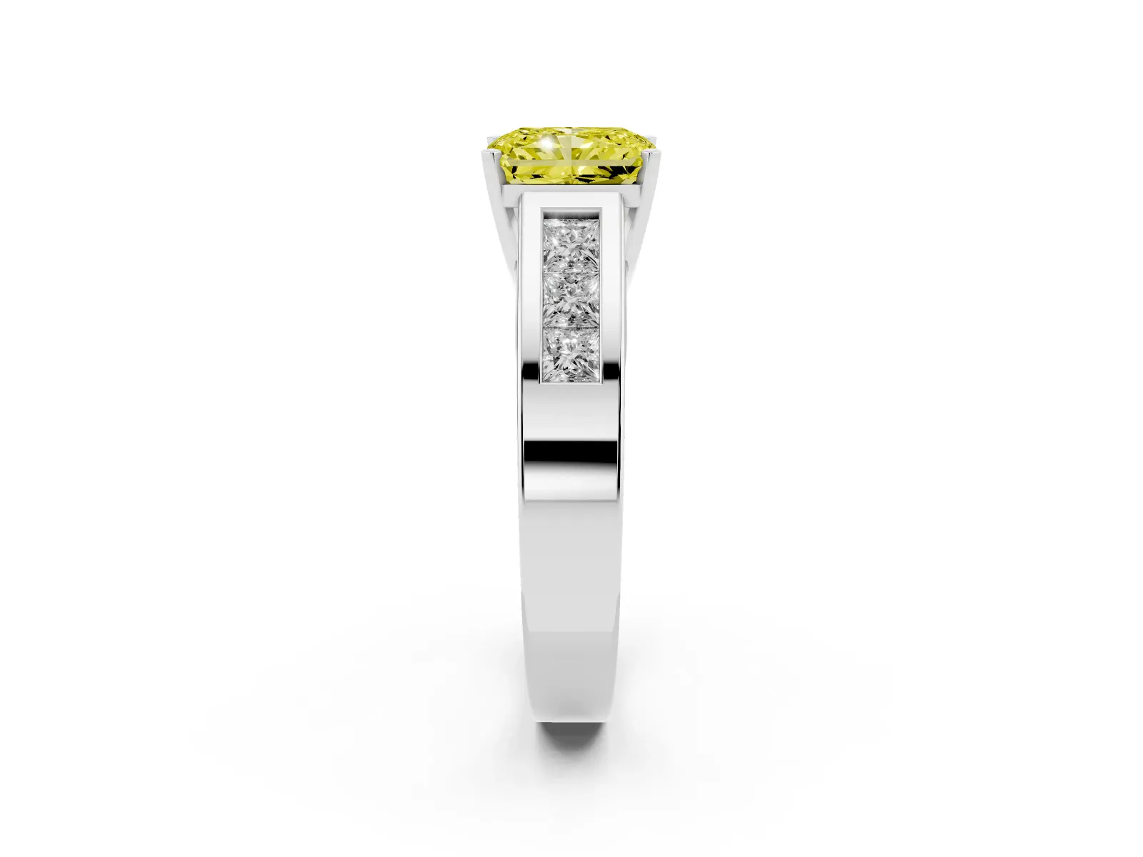 Fancy Yellow Radiant Cut Cut Channel Set Solitaire Ring with Four-Prong Setting Platinum
