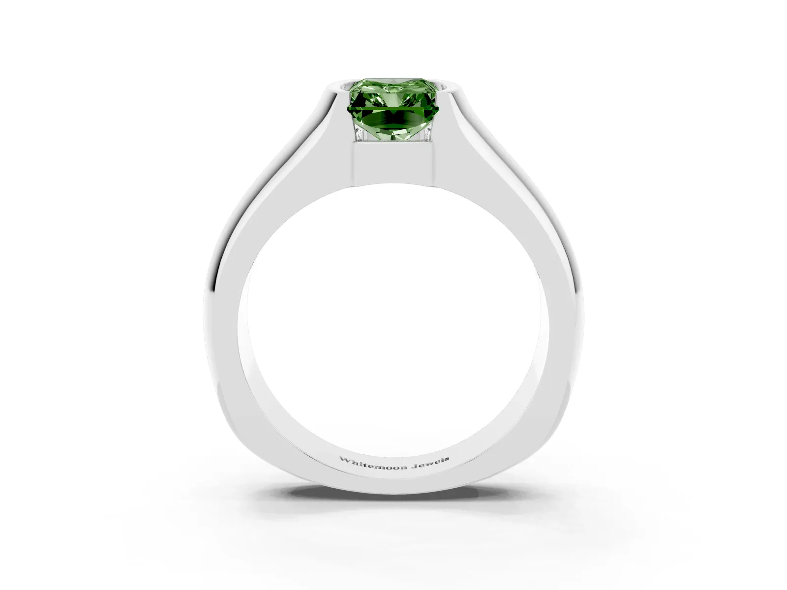 Fancy Green Radiant Cut Solitaire Bezel Set Diamond Ring with Wide Band White gold