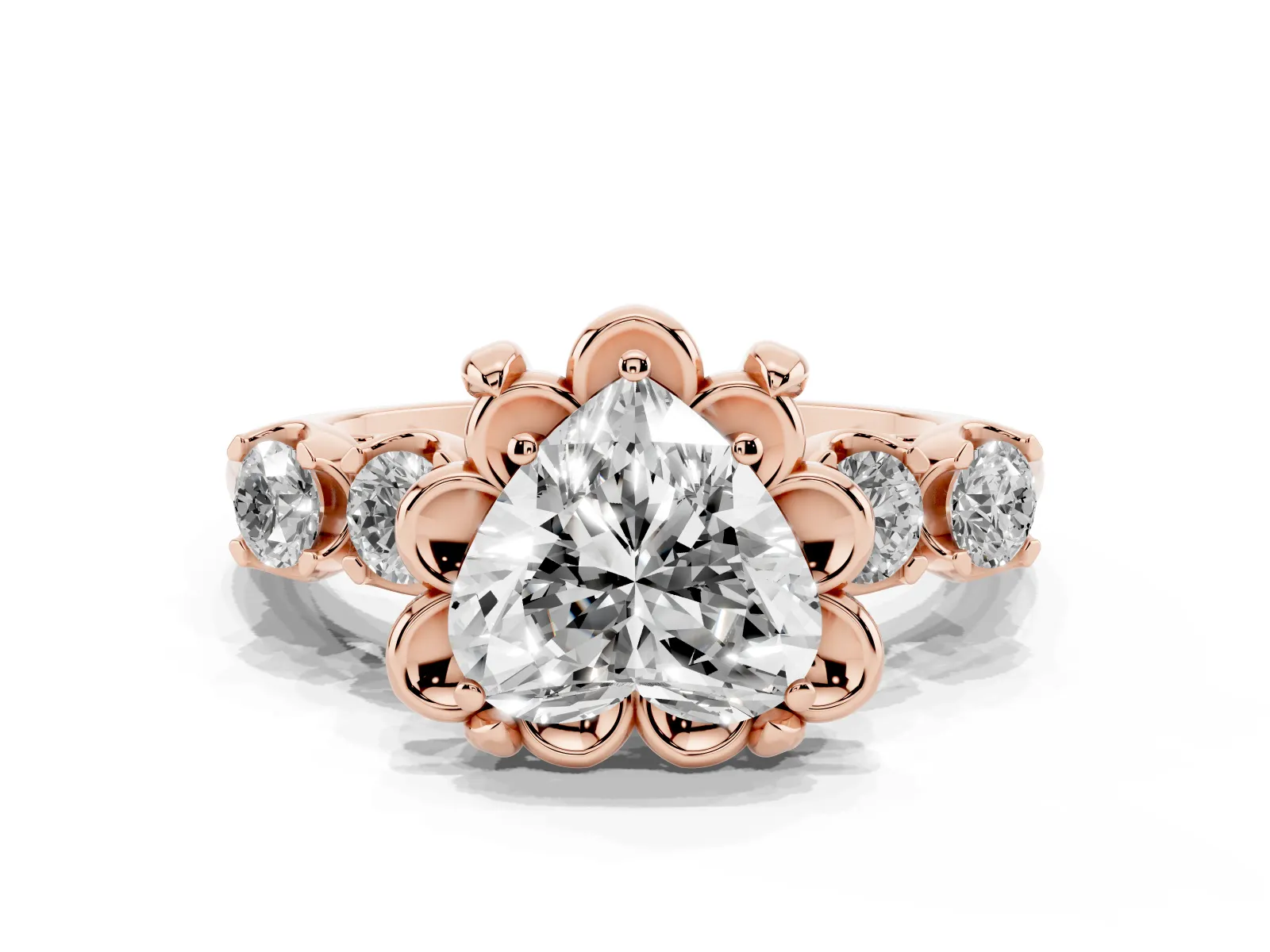 Heart Cut Cut Diamond Floral Halo Engagement Ring with Shared Prong Setting Rose gold