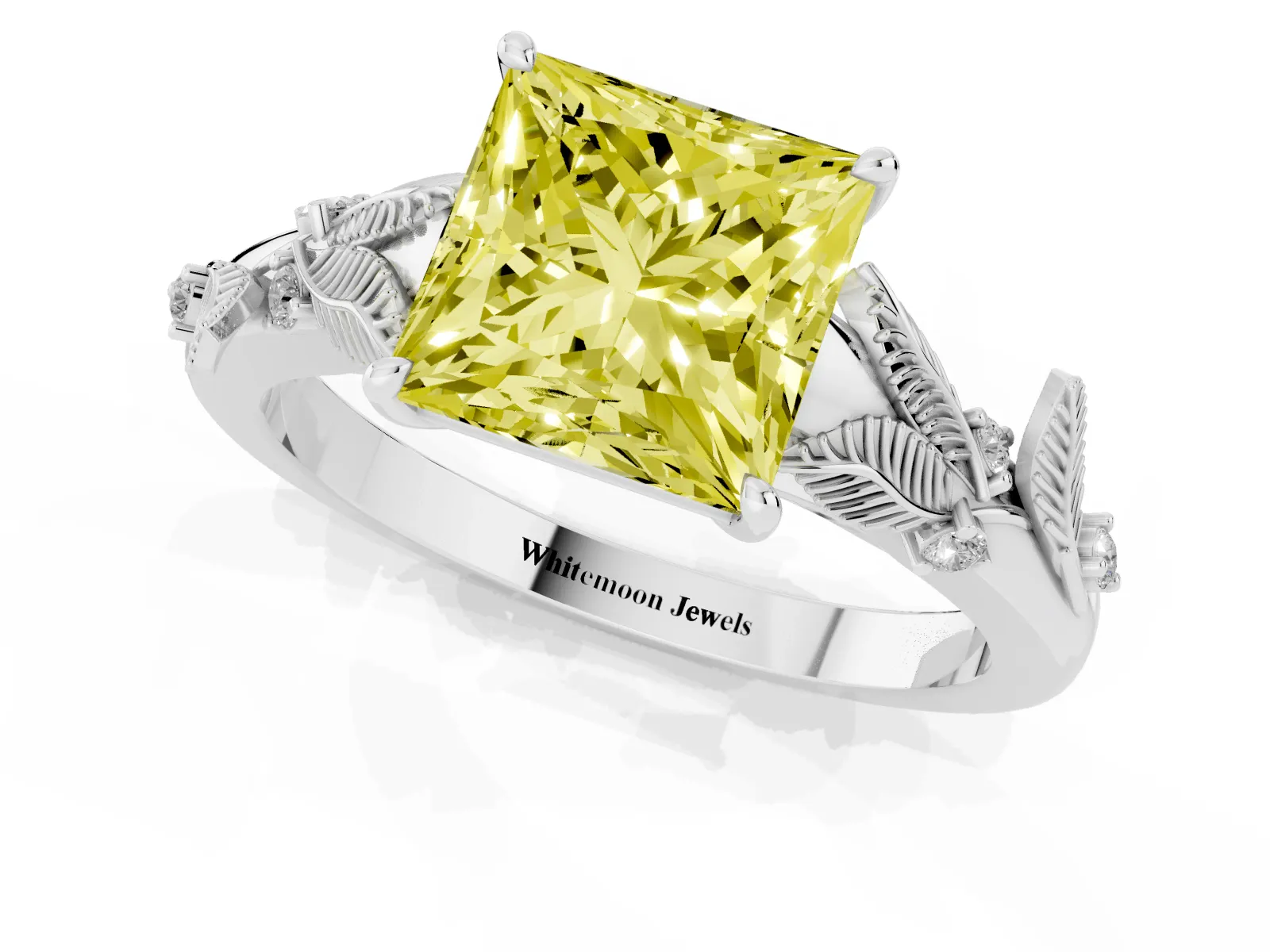 Fancy Yellow Princess Cut Diamond Solitaire Ring with Leaf Motif Band and Four-Prong Setting Platinum