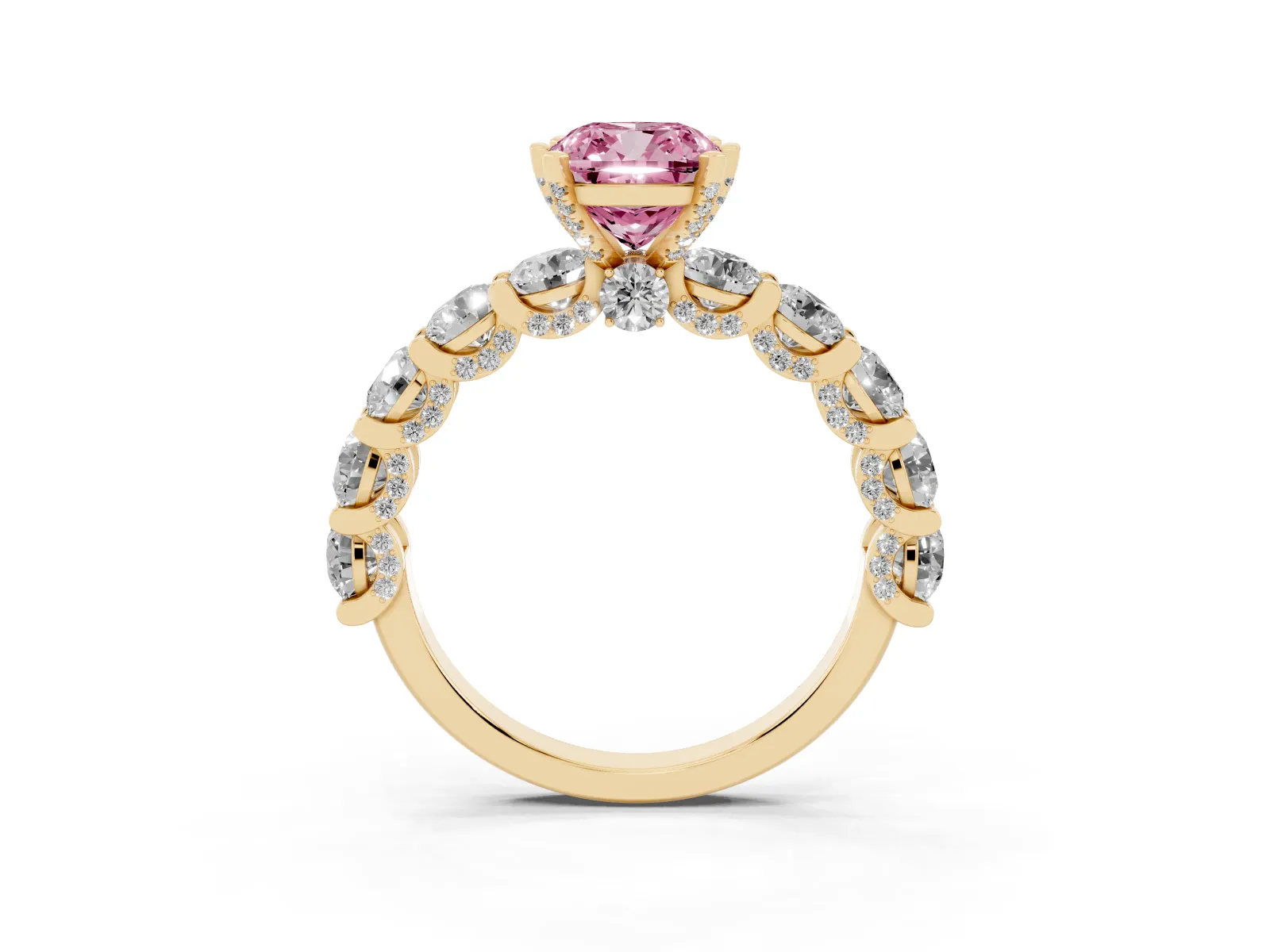 Fancy Pink Cushion Cut Diamond Side Stone Engagement Ring with Four-Prong Setting Yellow gold