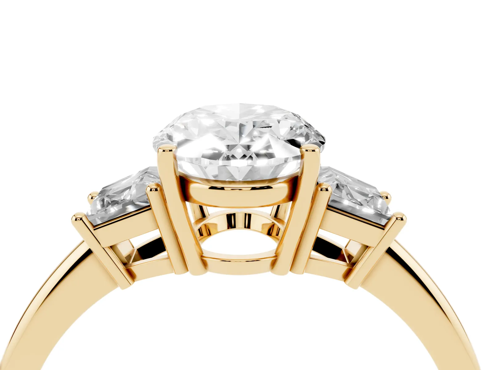 Oval Cut Diamond Three-Stone Ring with Trapezoid Side Stones and Prong Setting Yellow gold