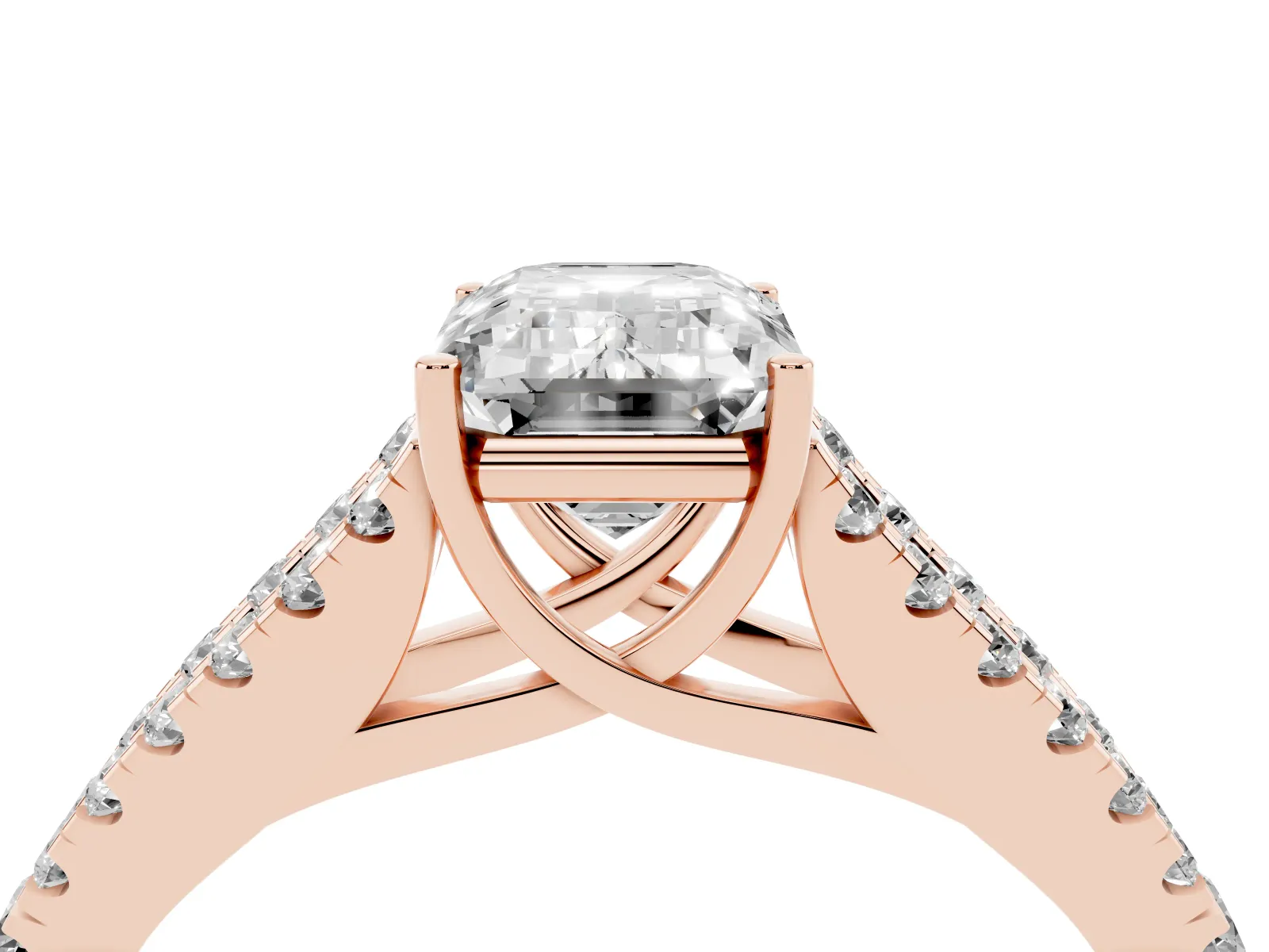 Emerald Cut Diamond Split Shank Engagement Ring with Round Pavé and Prong Setting Rose gold