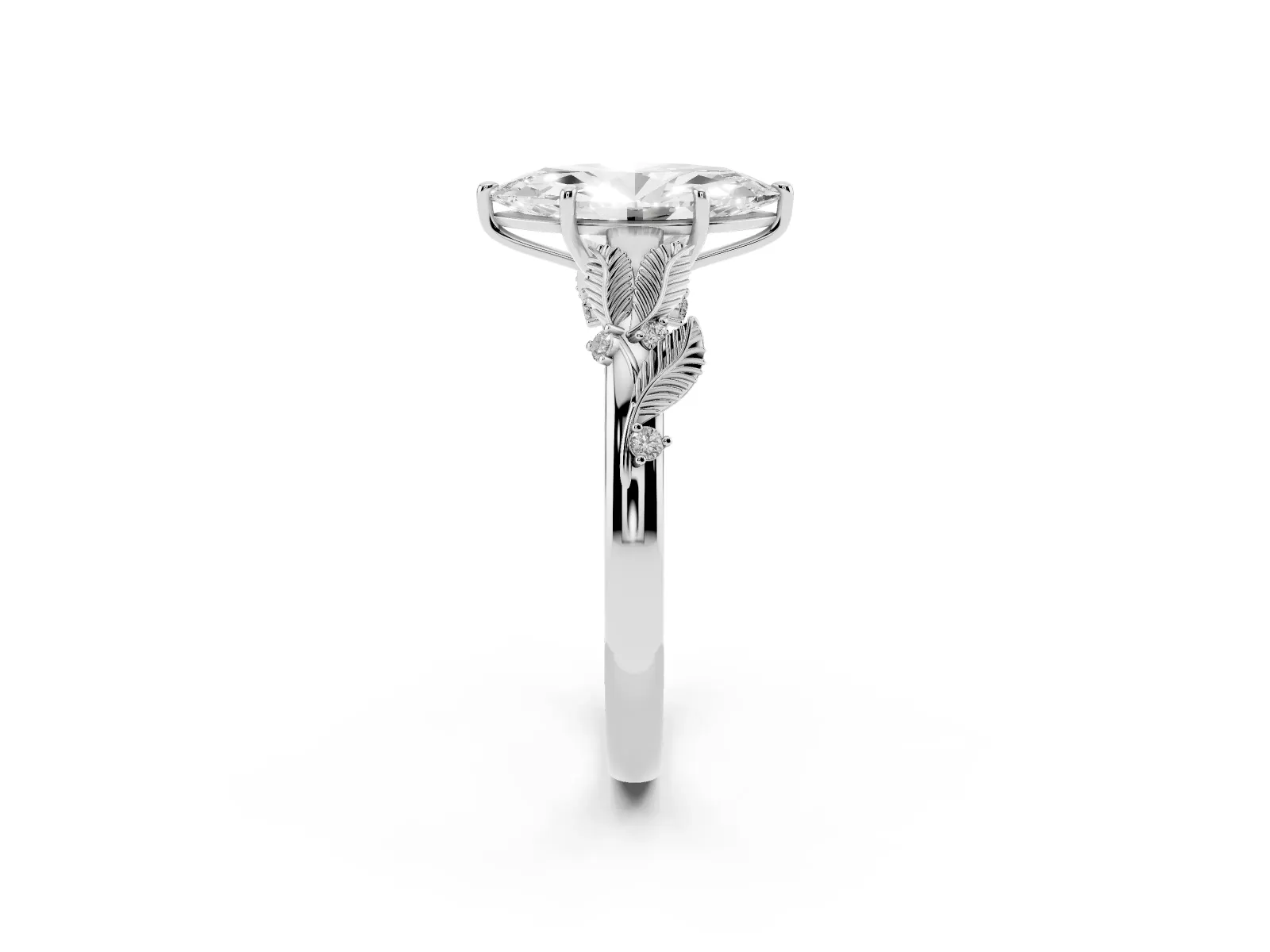 Marquise Cut Diamond Solitaire Ring with Leaf Motif Band and Four-Prong Setting Platinum