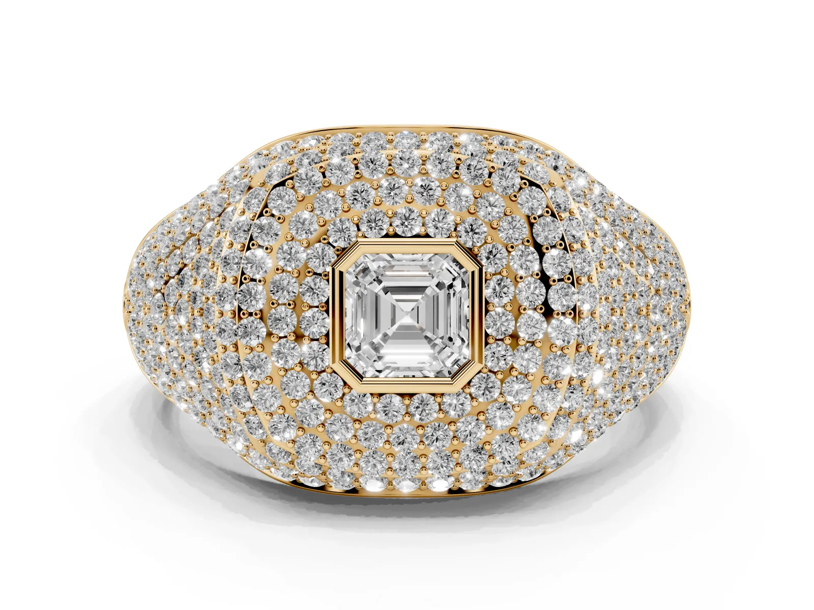 Asscher Cut Diamond Bezel Set Pavé Dome Mens Ring Yellow gold