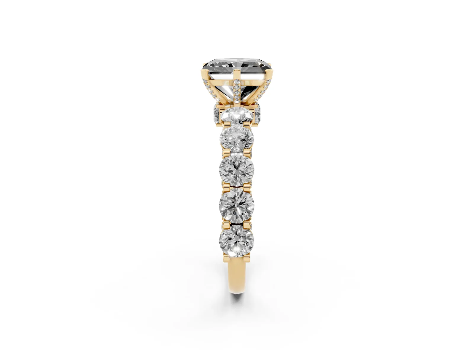 Fancy Black Radiant Cut Diamond Side Stone Engagement Ring with Four-Prong Setting Yellow gold