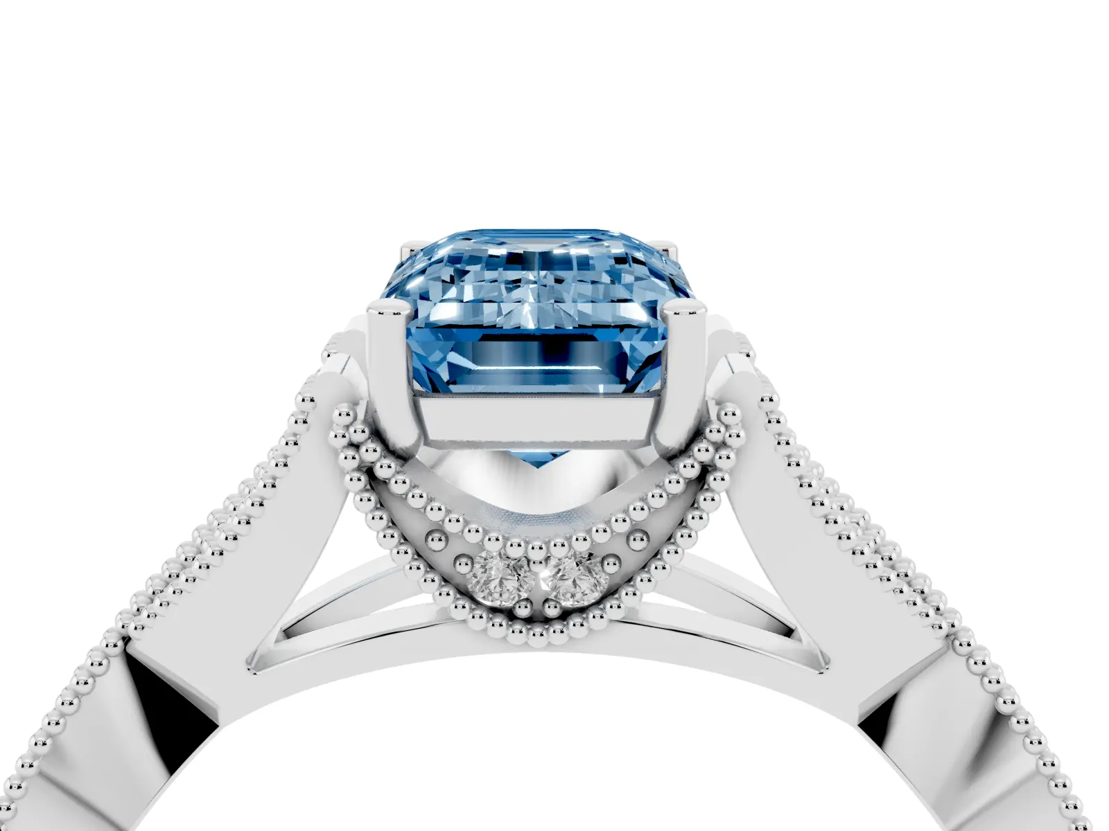Fancy Blue Emerald Cut Cut Diamond Twisted Band with Milgrain Pave Setting and Four-Prong Setting Platinum