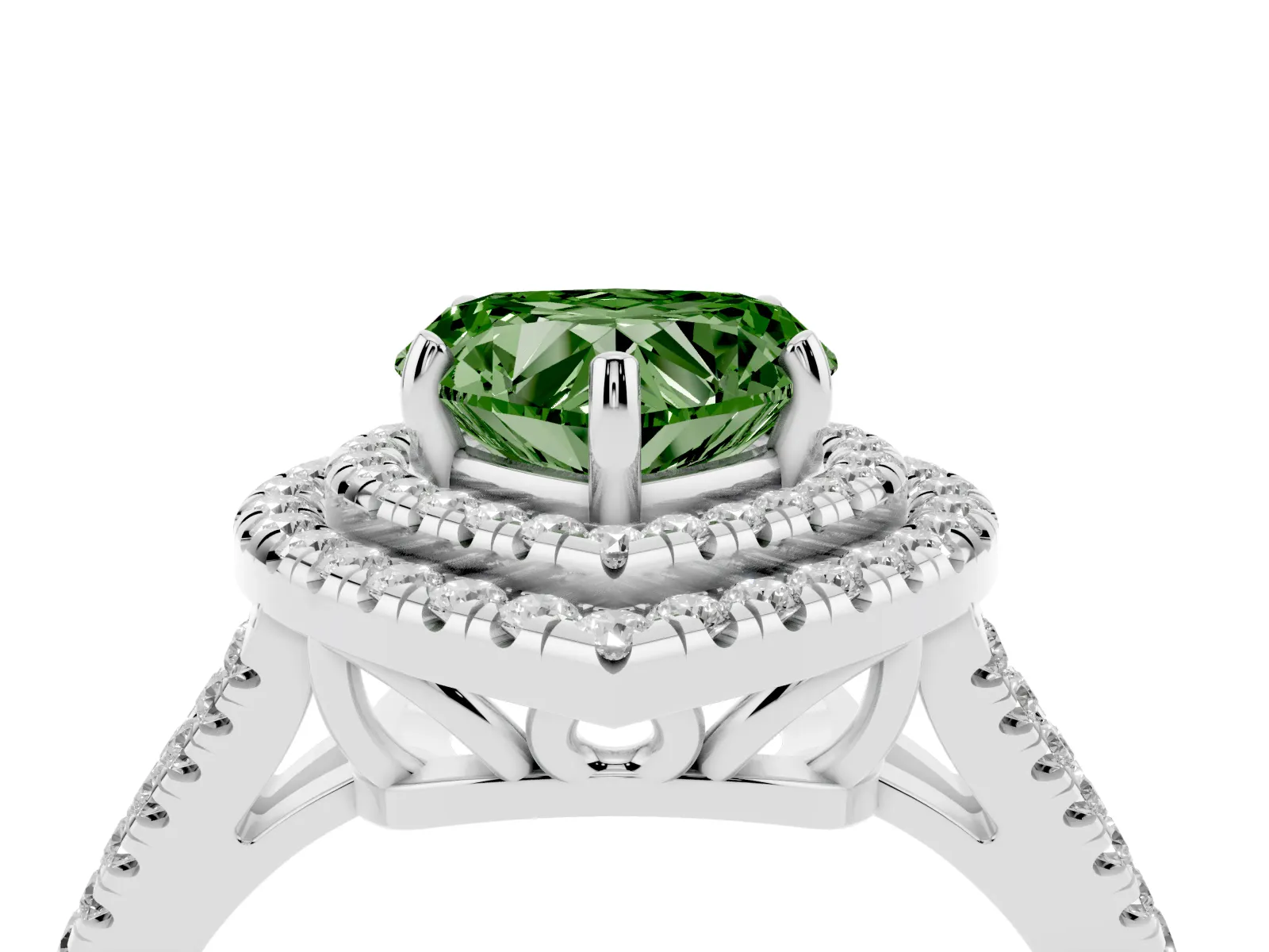 Fancy Green Heart Cut Diamond Double Halo Ring with Pavé Band and Prong Setting Platinum