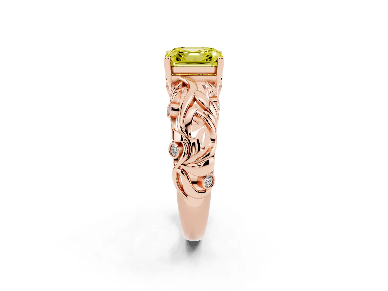 Fancy Yellow Asscher Cut Solitaire Diamond Leaf-Inspired Vine Band Ring with Prong Setting Rose gold