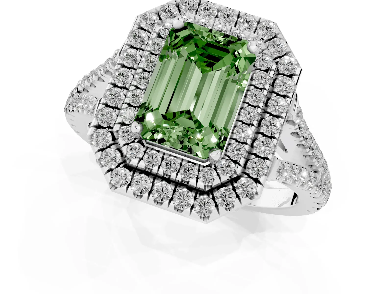 Fancy Green Emerald Cut Diamond Double Halo Ring with Pavé Band and Prong Setting Platinum