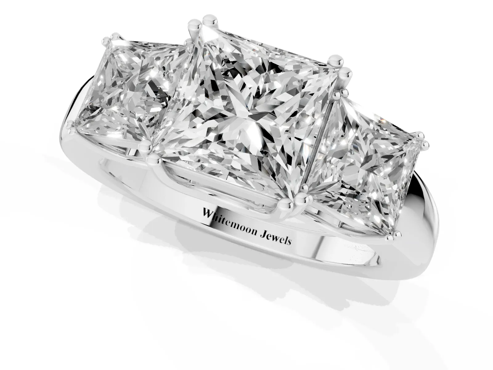 Three-Stone Princess Cut Cut Diamond Ring with Channel Set Band and Four-Prong Setting Platinum