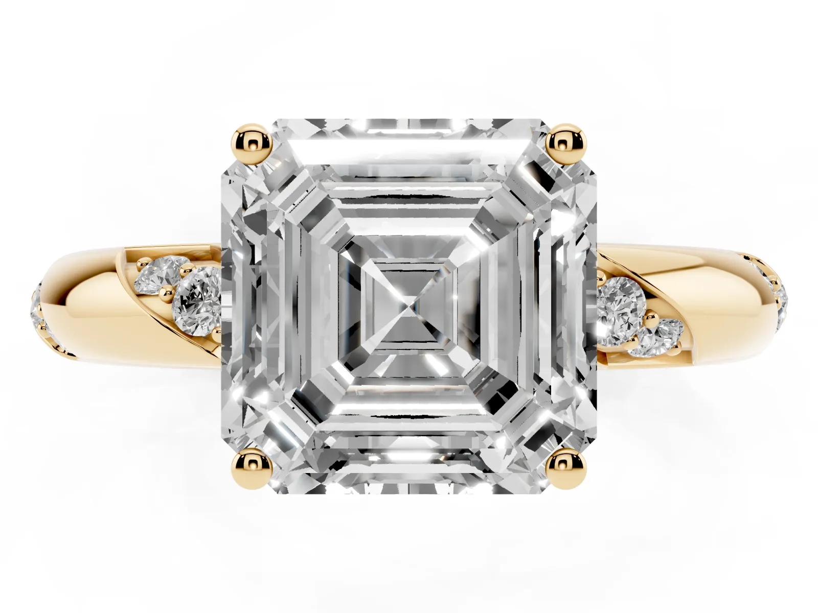 Asscher Cut Diamond Solitaire Engagement Ring with Twisted Round Accent Band and Prong Setting Yellow gold