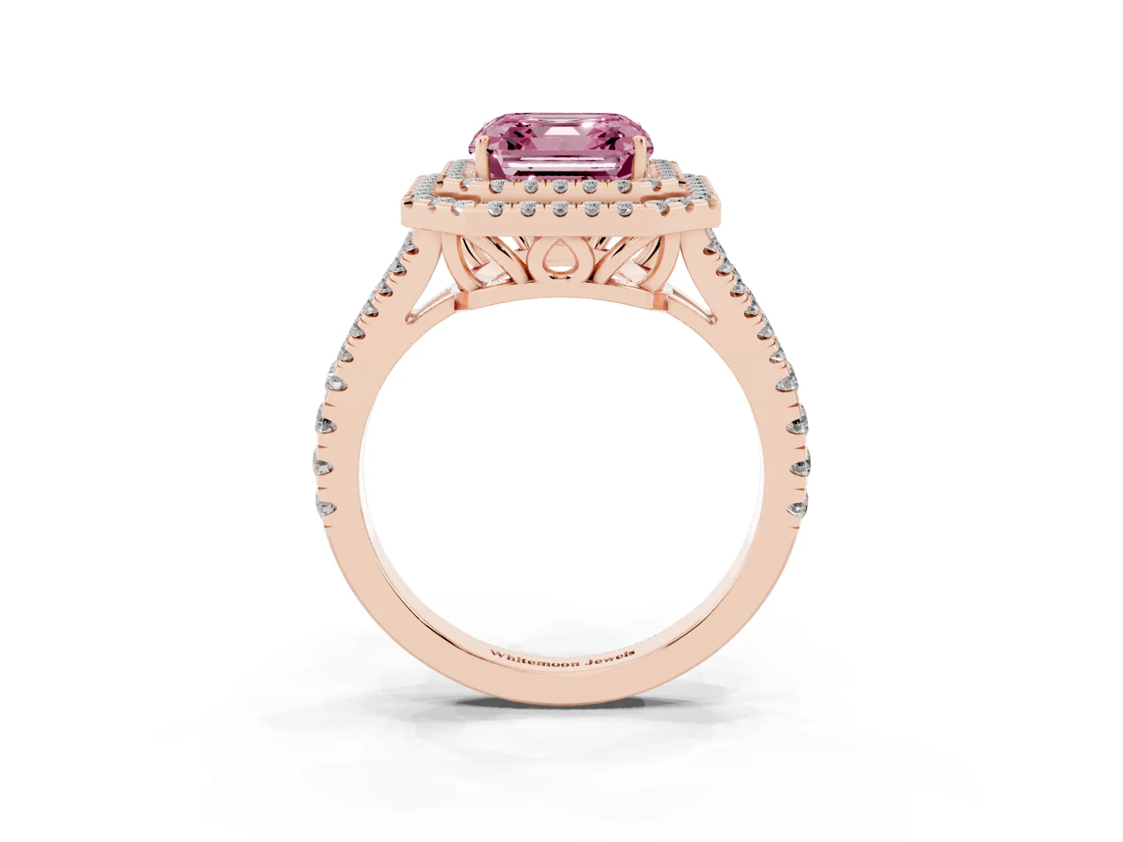 Fancy Pink Asscher Cut Diamond Double Halo Ring with Pavé Band and Prong Setting Rose gold
