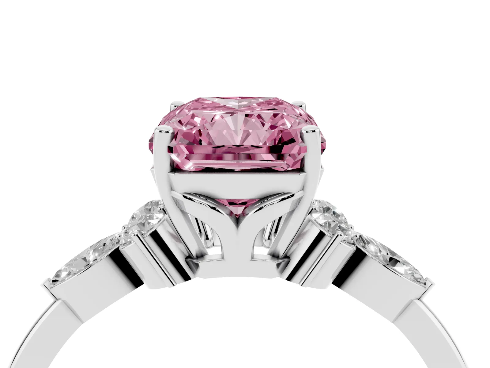 Fancy Pink Radiant Cut Brilliant Diamond Solitaire Ring with Pear Side Stones and Four-Prong Setting White gold