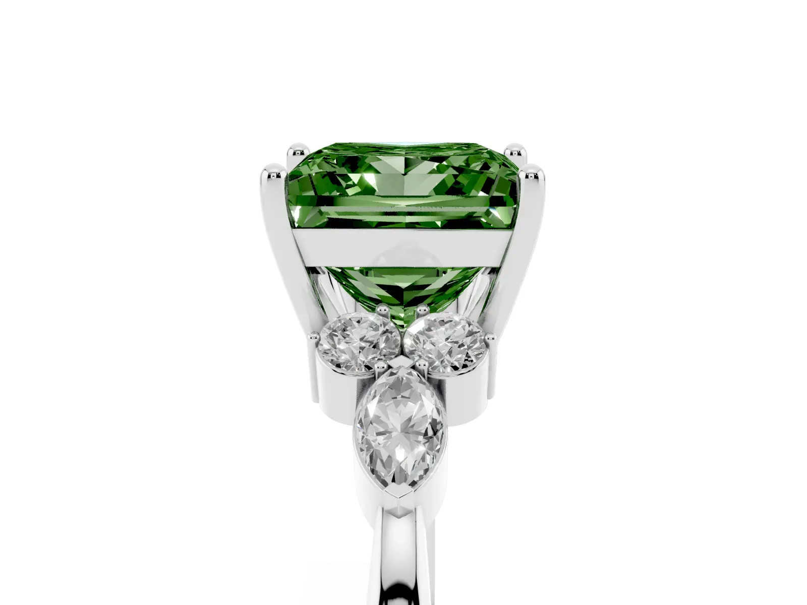 Fancy Green Princess Cut Brilliant Diamond Solitaire Ring with Pear Side Stones and Four-Prong Setting Platinum