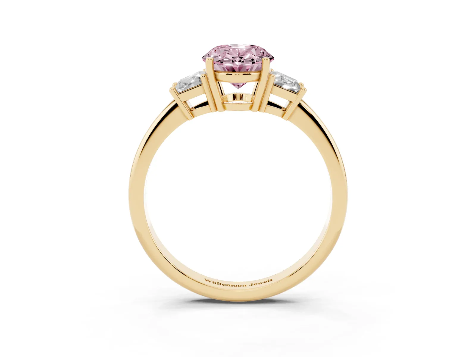 Fancy Pink Oval Cut Diamond Three-Stone Ring with Trapezoid Side Stones and Prong Setting Yellow gold