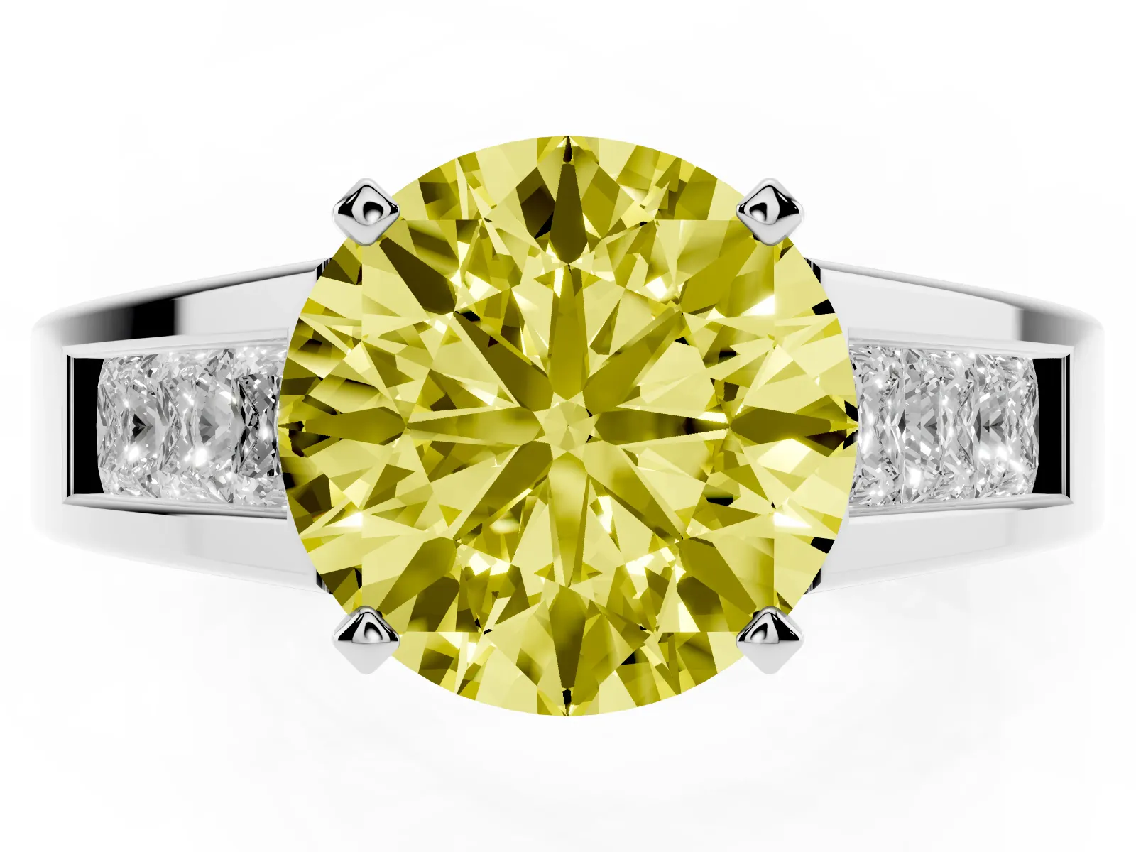 Fancy Yellow Round Cut Cut Channel Set Solitaire Ring with Four-Prong Setting Platinum