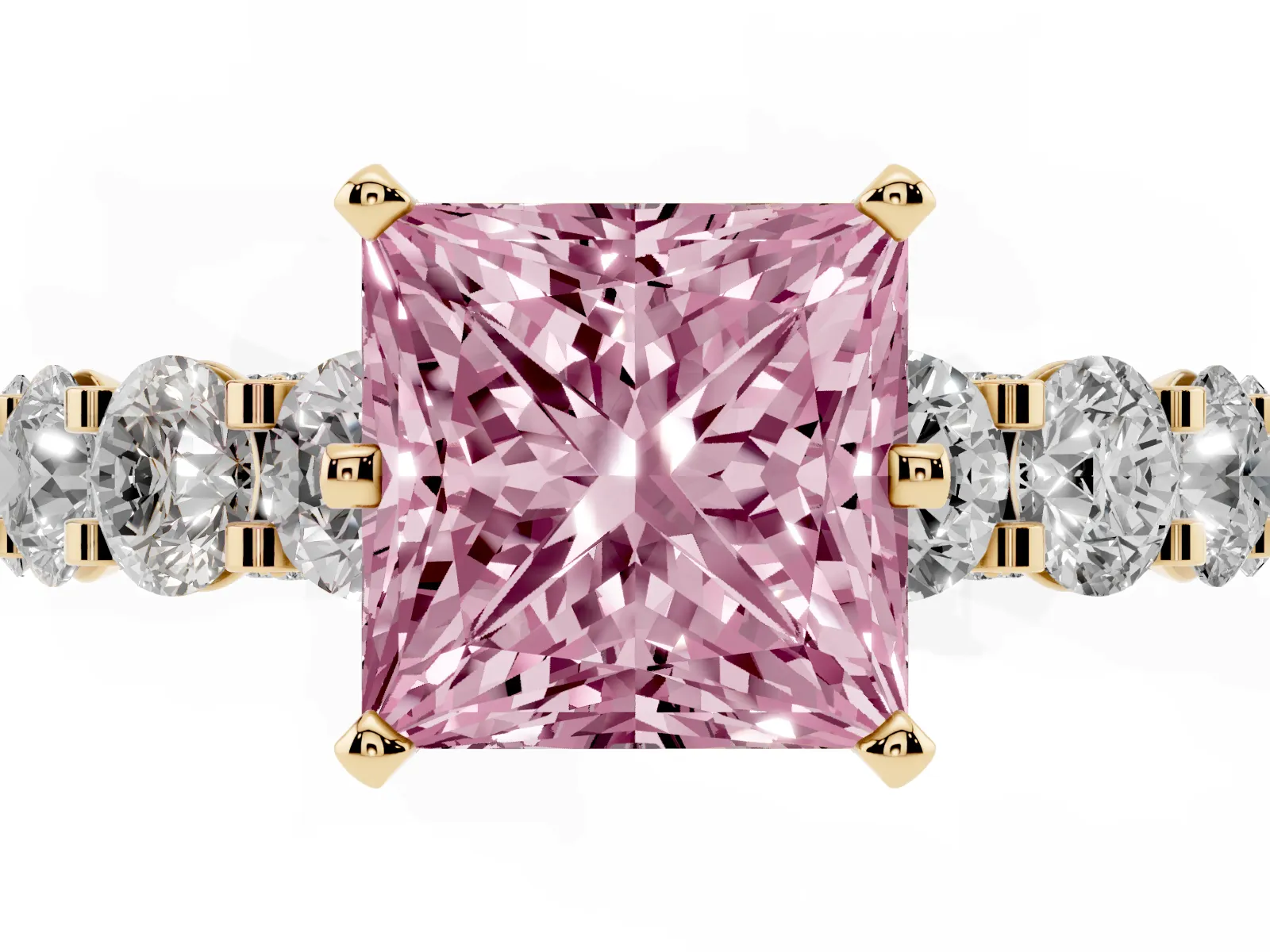 Fancy Pink Princess Cut Diamond Side Stone Engagement Ring with Four-Prong Setting Yellow gold