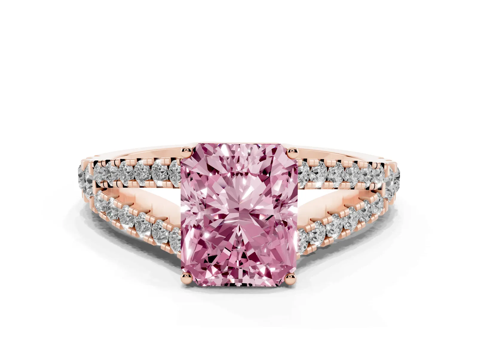 Fancy Pink Radiant Cut Diamond Split Shank Engagement Ring with Round Pavé and Prong Setting Rose gold