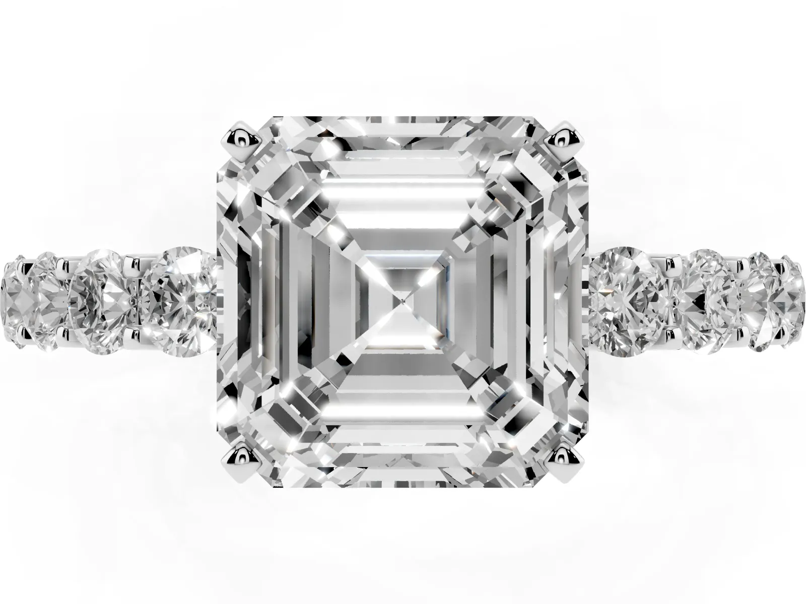 Asscher Cut Diamond Solitaire Ring with Shared Prong Pavé Band and Four-Prong Setting White gold