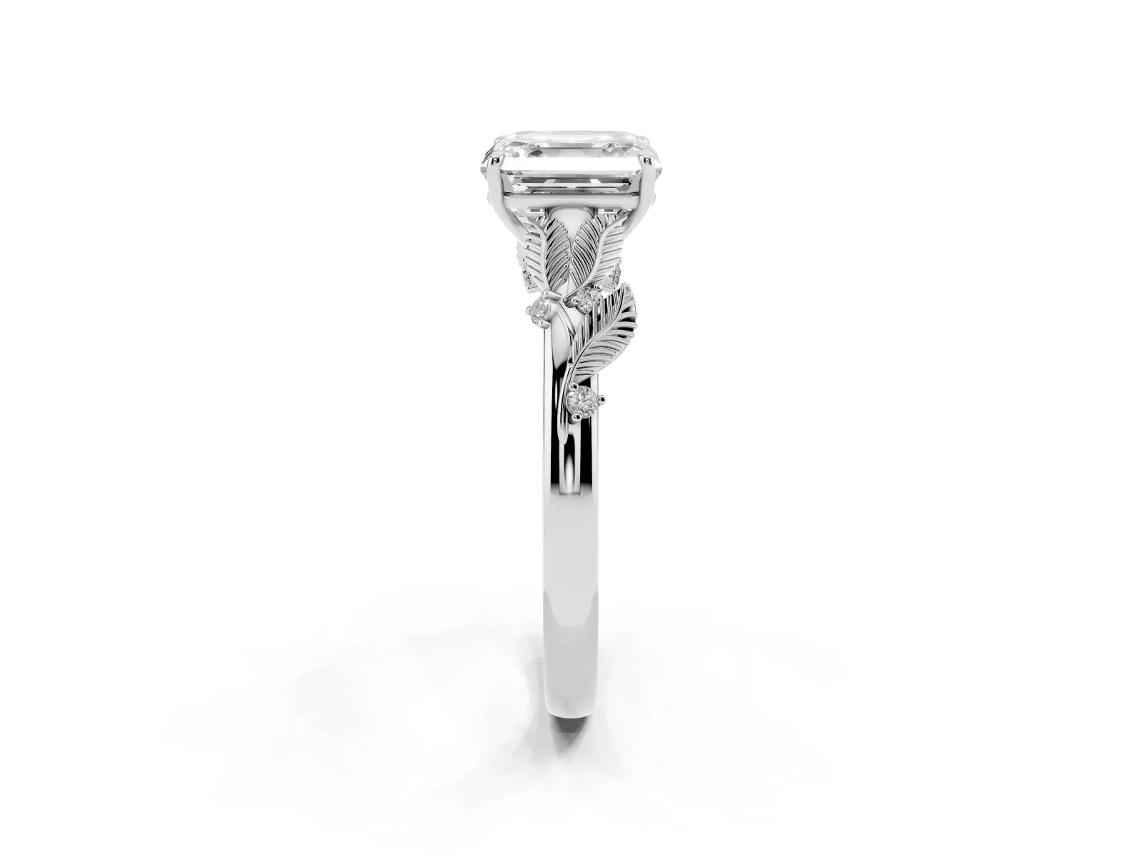 Asscher Cut Diamond Solitaire Ring with Leaf Motif Band and Four-Prong Setting White gold