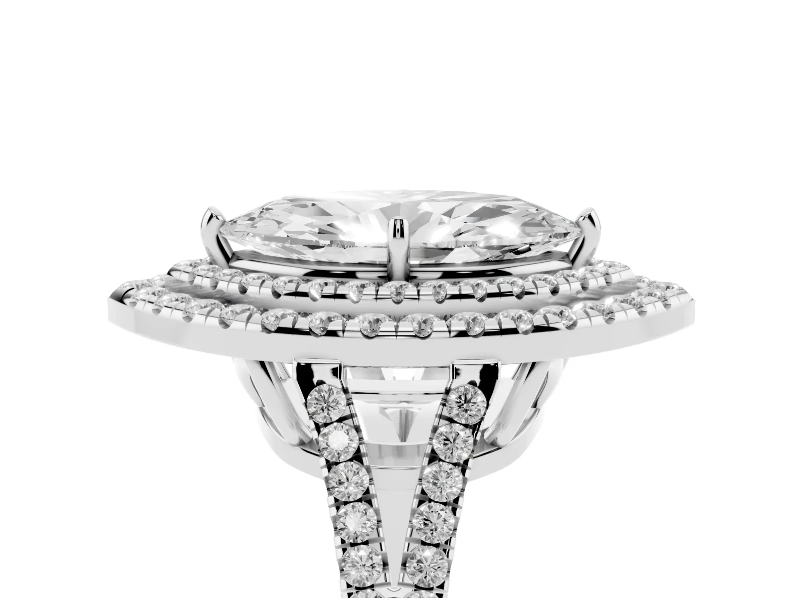 Marquise Cut Diamond Double Halo Ring with Pavé Band and Prong Setting Platinum