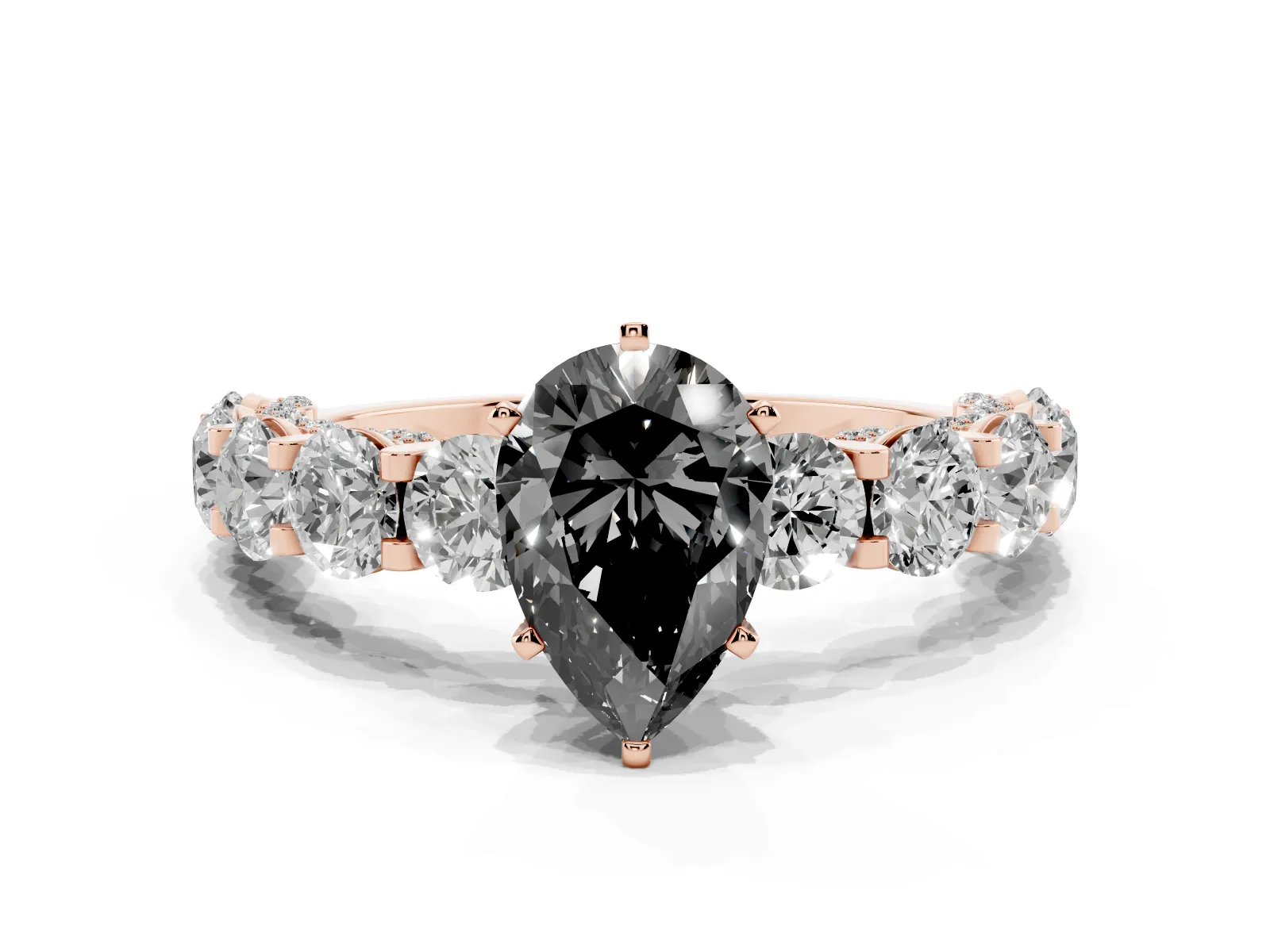 Fancy Black Pear Cut Diamond Side Stone Engagement Ring with Four-Prong Setting Rose gold