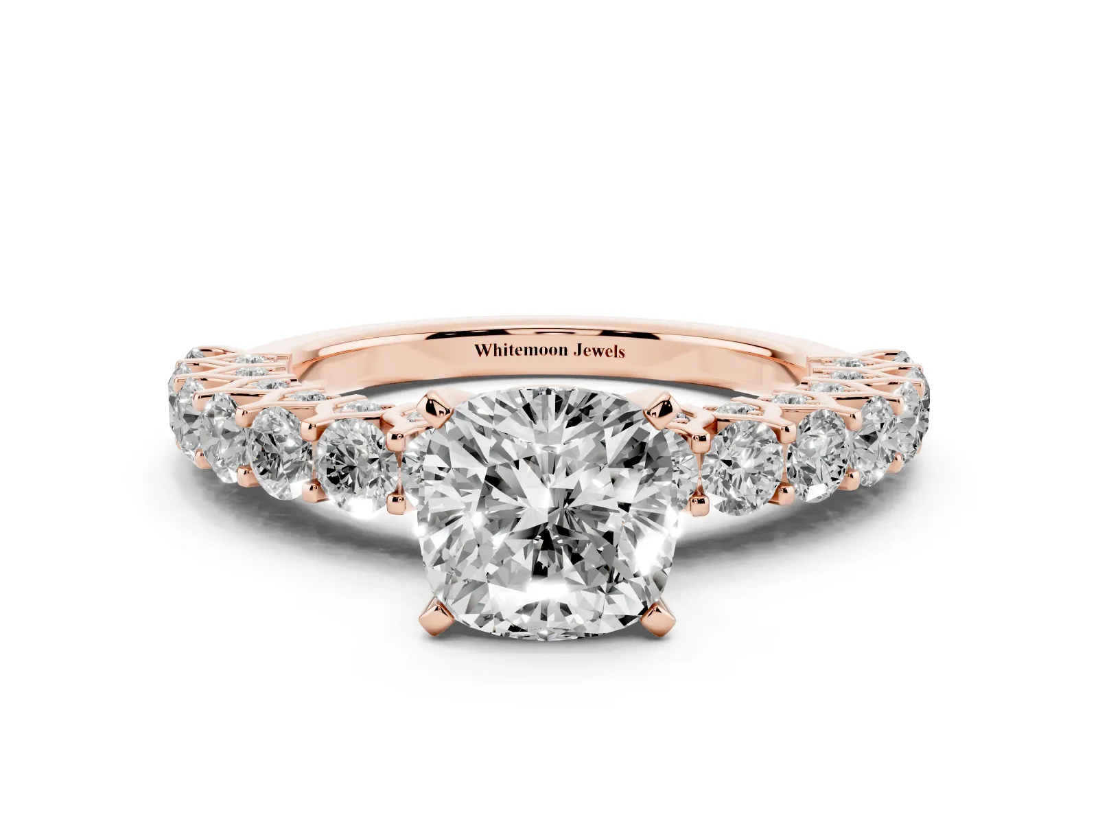 Cushion Cut Diamond Solitaire Ring with Shared Prong Pavé Band and Four-Prong Setting Rose gold
