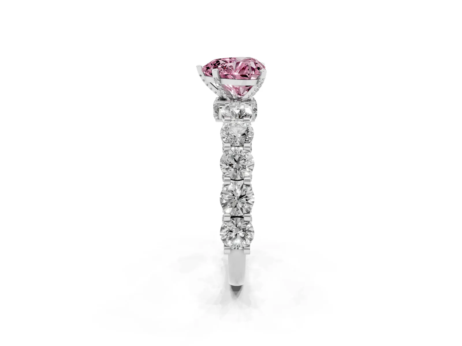 Fancy Pink Heart Cut Diamond Side Stone Engagement Ring with Four-Prong Setting Platinum