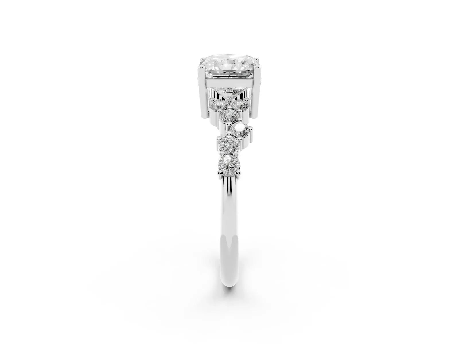 Radiant Cut Diamond Scattered Round Accent Ring with Prong Setting Silver