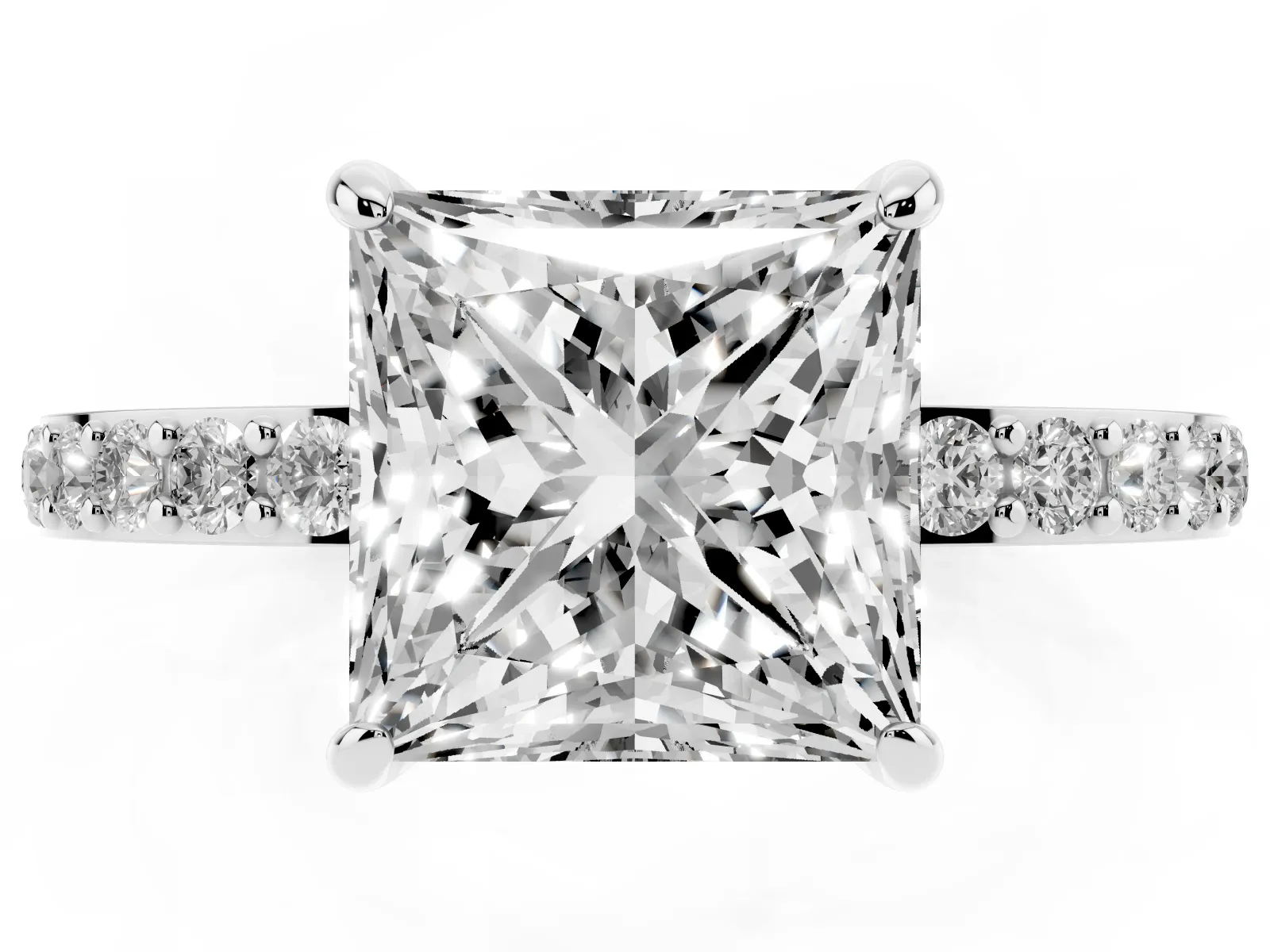 Princess Cut Diamond Solitaire Engagement Ring with Pavé Band and Four-Prong Setting White gold