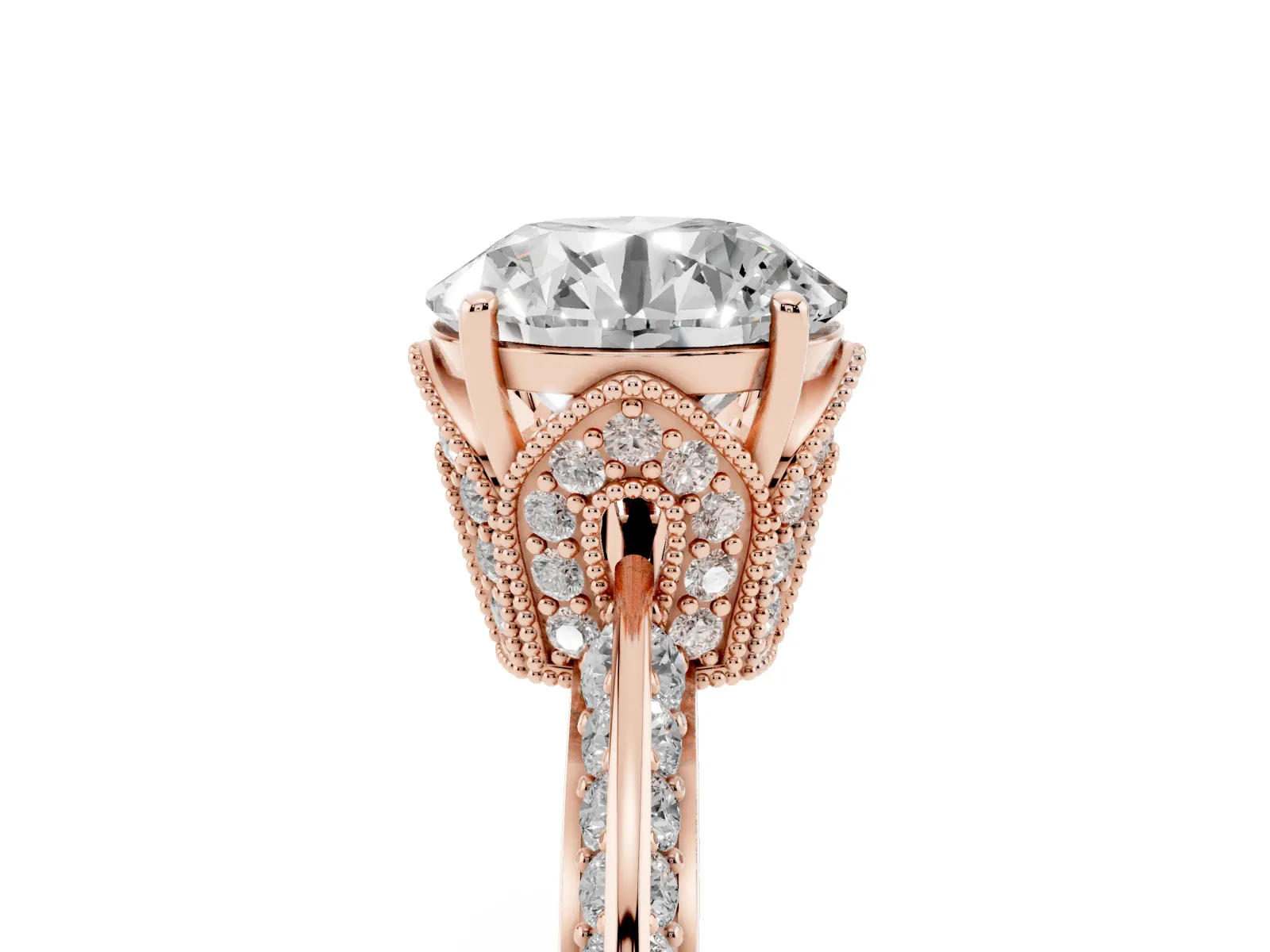 Round Cut Solitaire Split Shank Pave Diamond Engagement Ring with Four-Prong Setting Rose gold