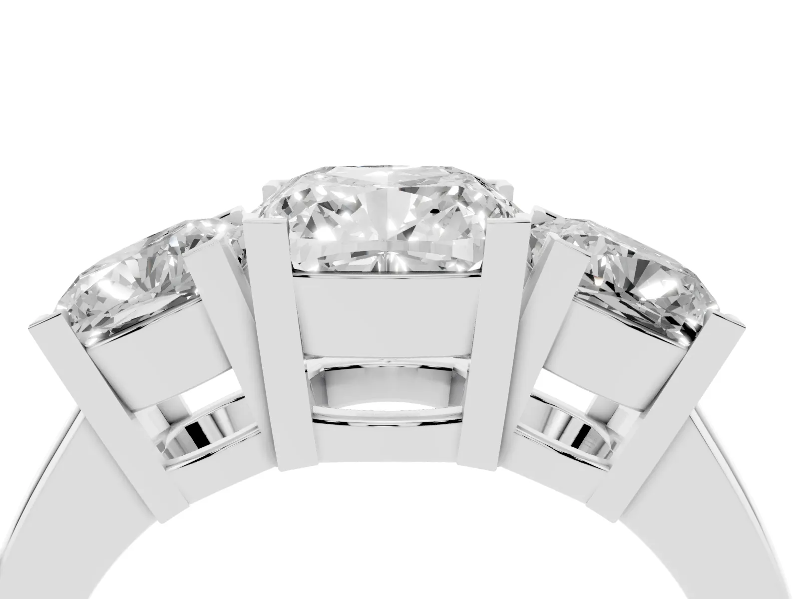 Three-Stone Cushion Cut Cut Diamond Ring with Channel Set Band and Four-Prong Setting Platinum