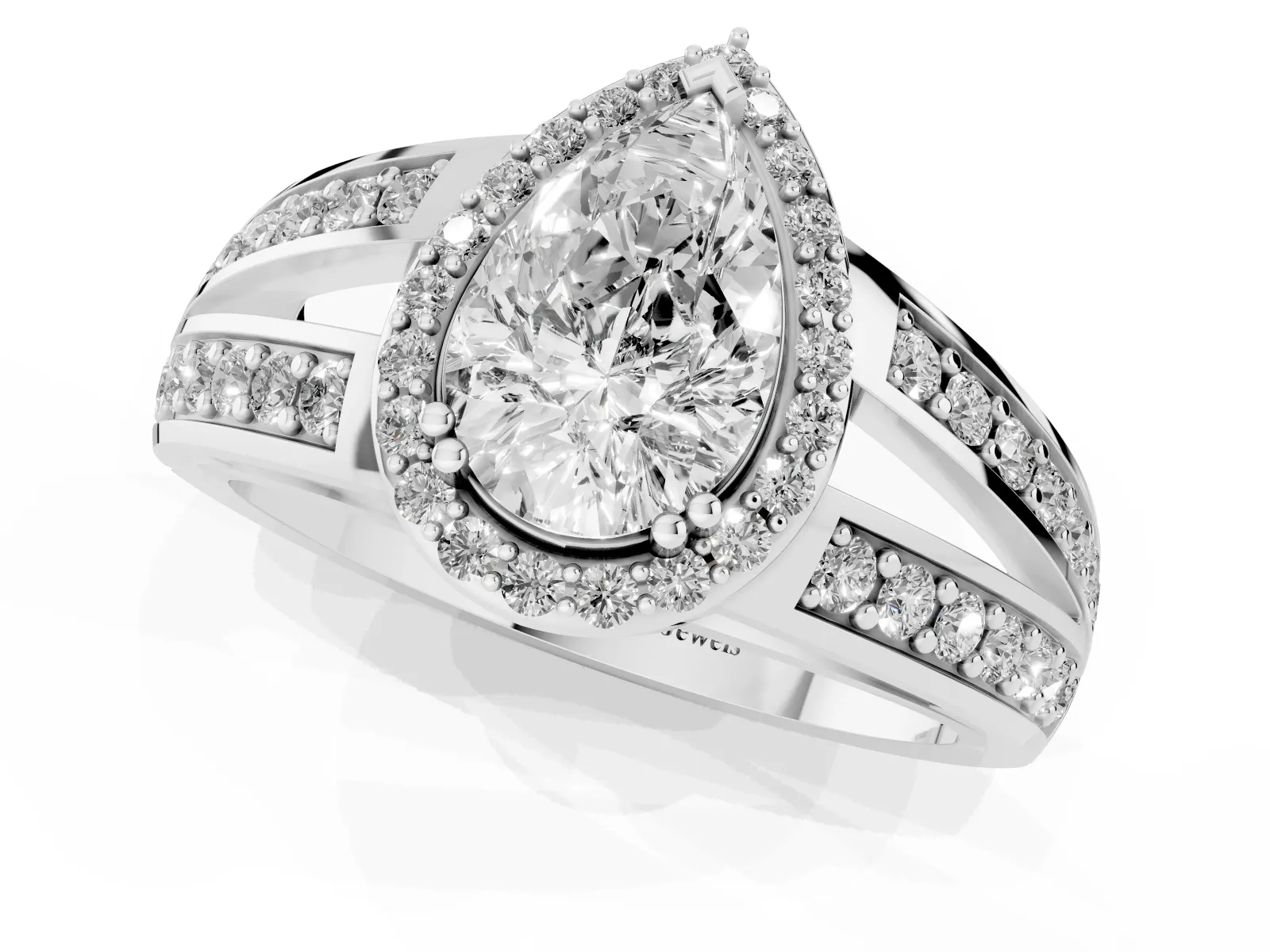 Pear Cut Diamond Halo Ring with Split Shank Pavé Band and Four-Prong Setting Platinum