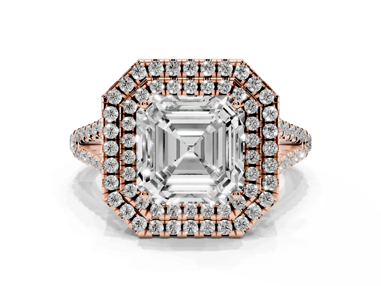 Asscher Cut Diamond Double Halo Ring with Pavé Band and Prong Setting Rose gold