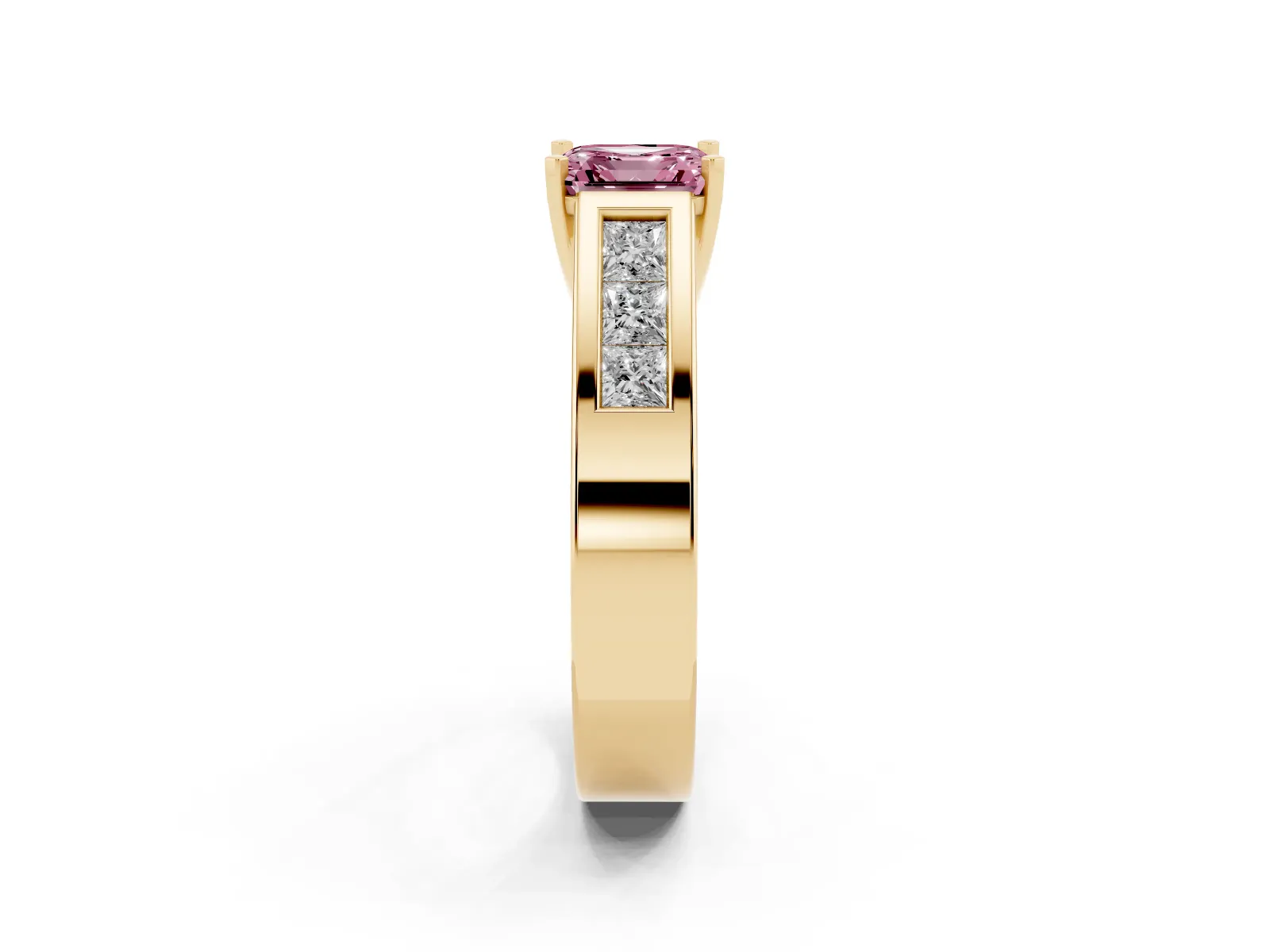 Fancy Pink Asscher Cut Cut Channel Set Solitaire Ring with Four-Prong Setting Yellow gold