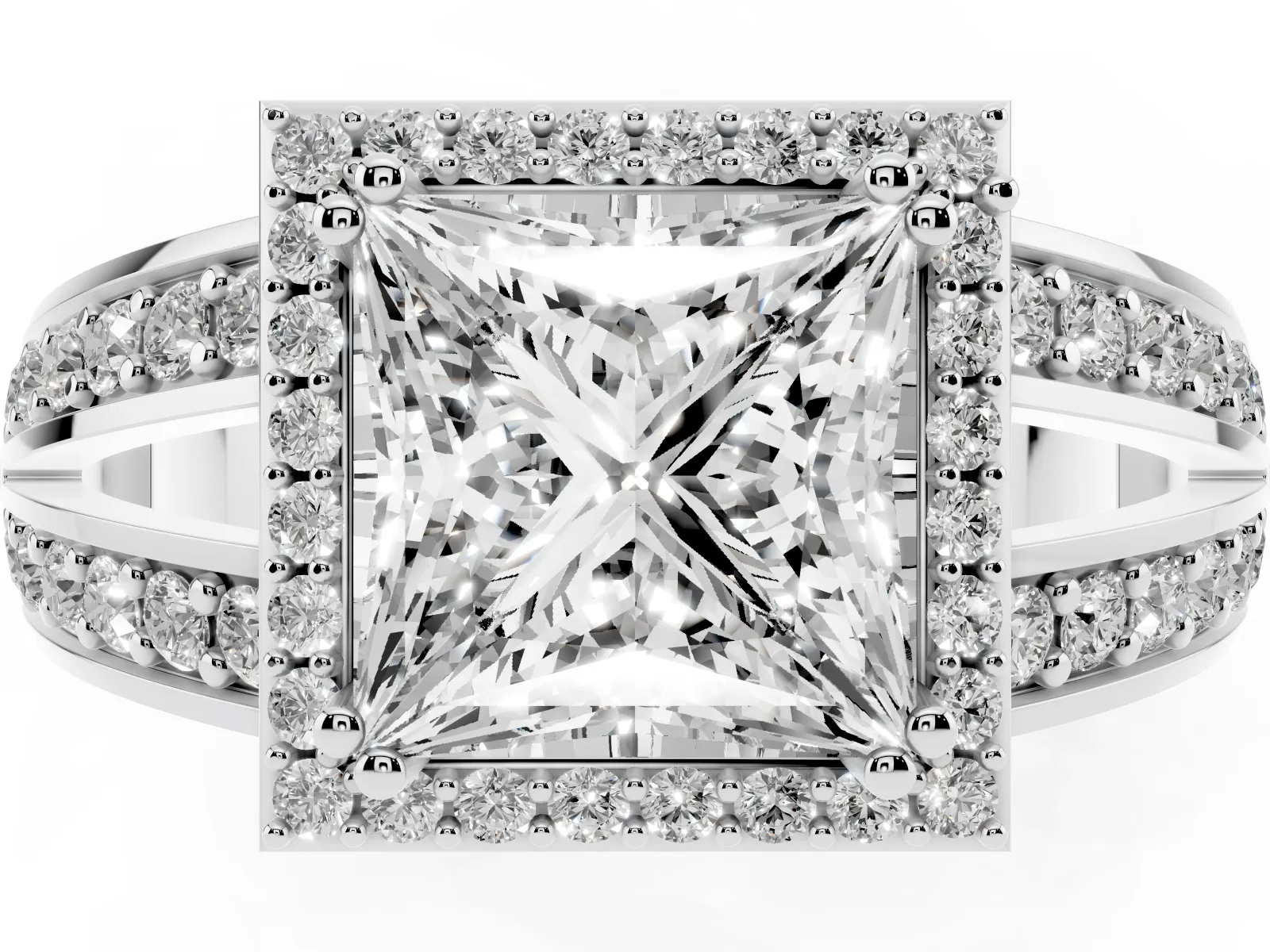 Princess Cut Diamond Halo Ring with Split Shank Pavé Band and Four-Prong Setting Platinum