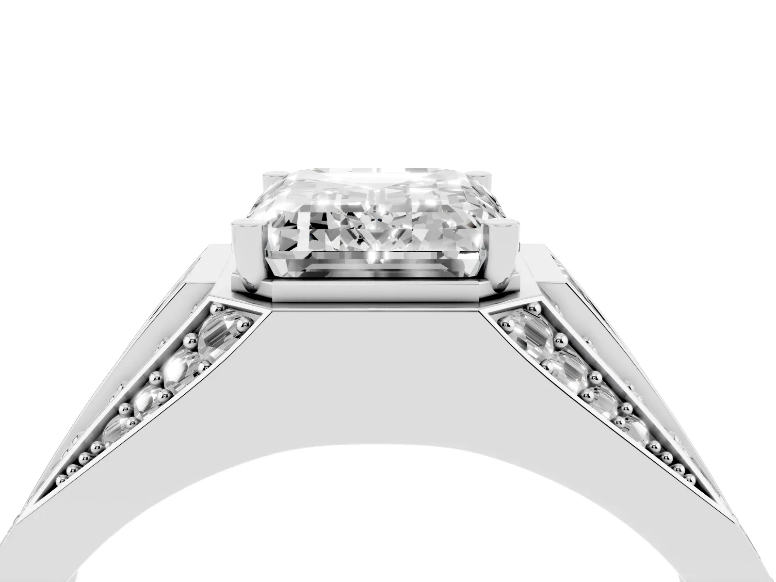Emerald Cut Diamond Mens Ring with Baguette Side Stones Platinum