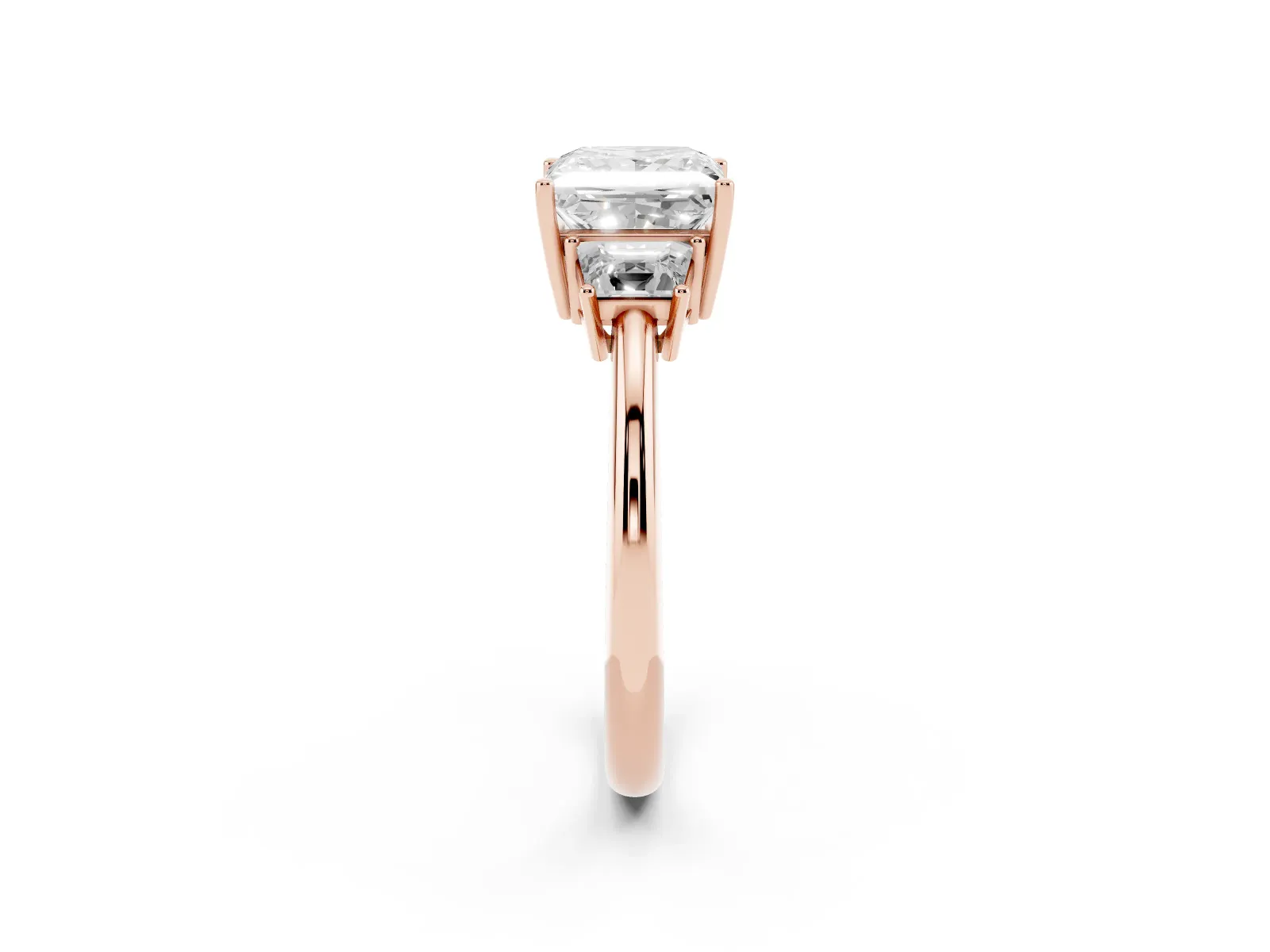 Princess Cut Diamond Three-Stone Ring with Trapezoid Side Stones and Prong Setting Rose gold