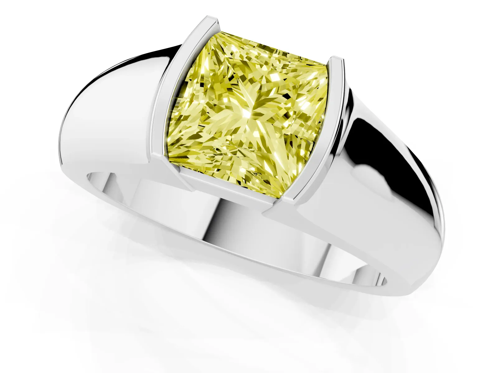 Fancy Yellow Princess Cut Solitaire Bezel Set Diamond Ring with Wide Band White gold