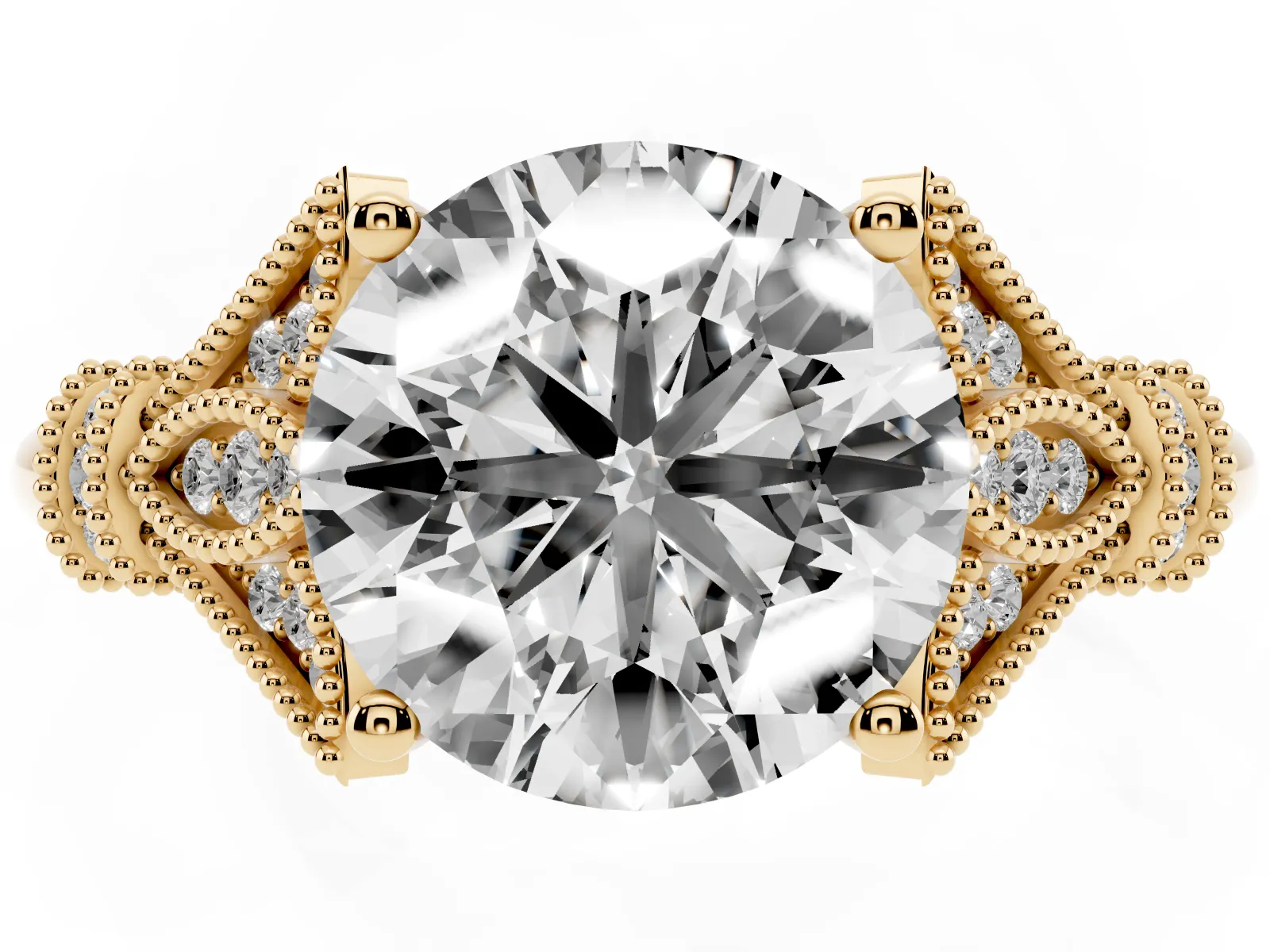 Round Cut Diamond Solitaire Ring with Floral Filigree and Pave Accents Yellow gold